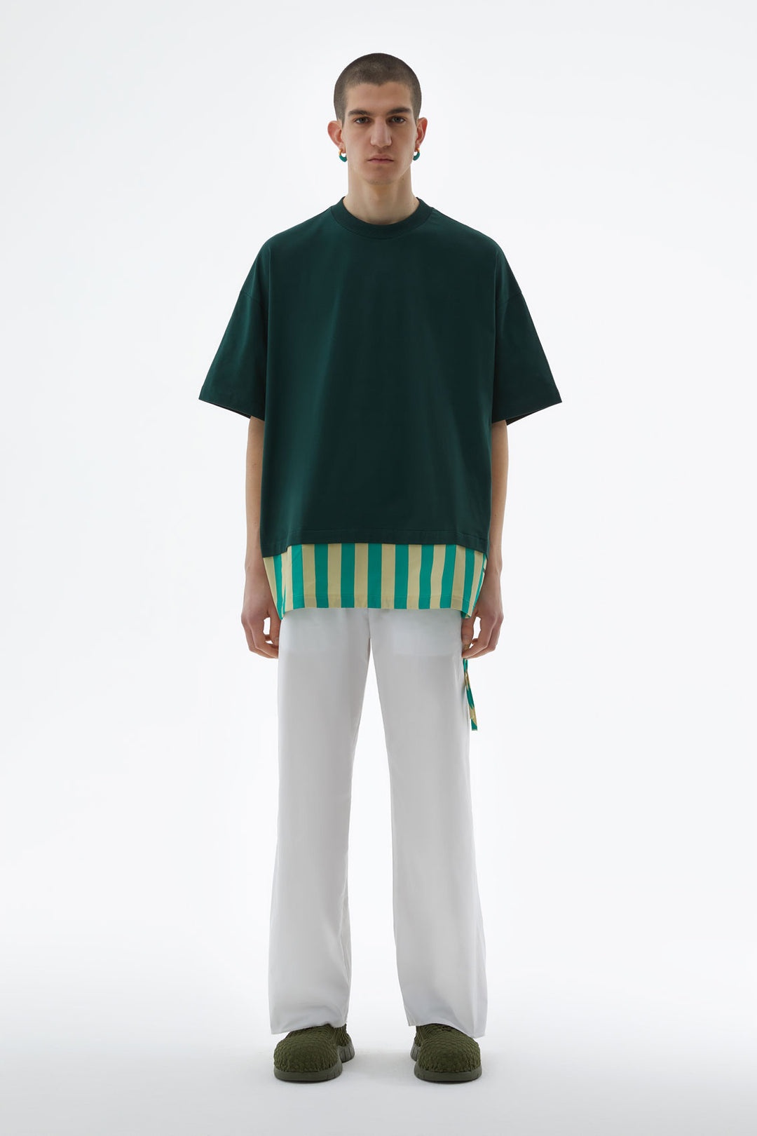 DARK GREEN T-SHIRT WITH STRIPED DETAIL - 1