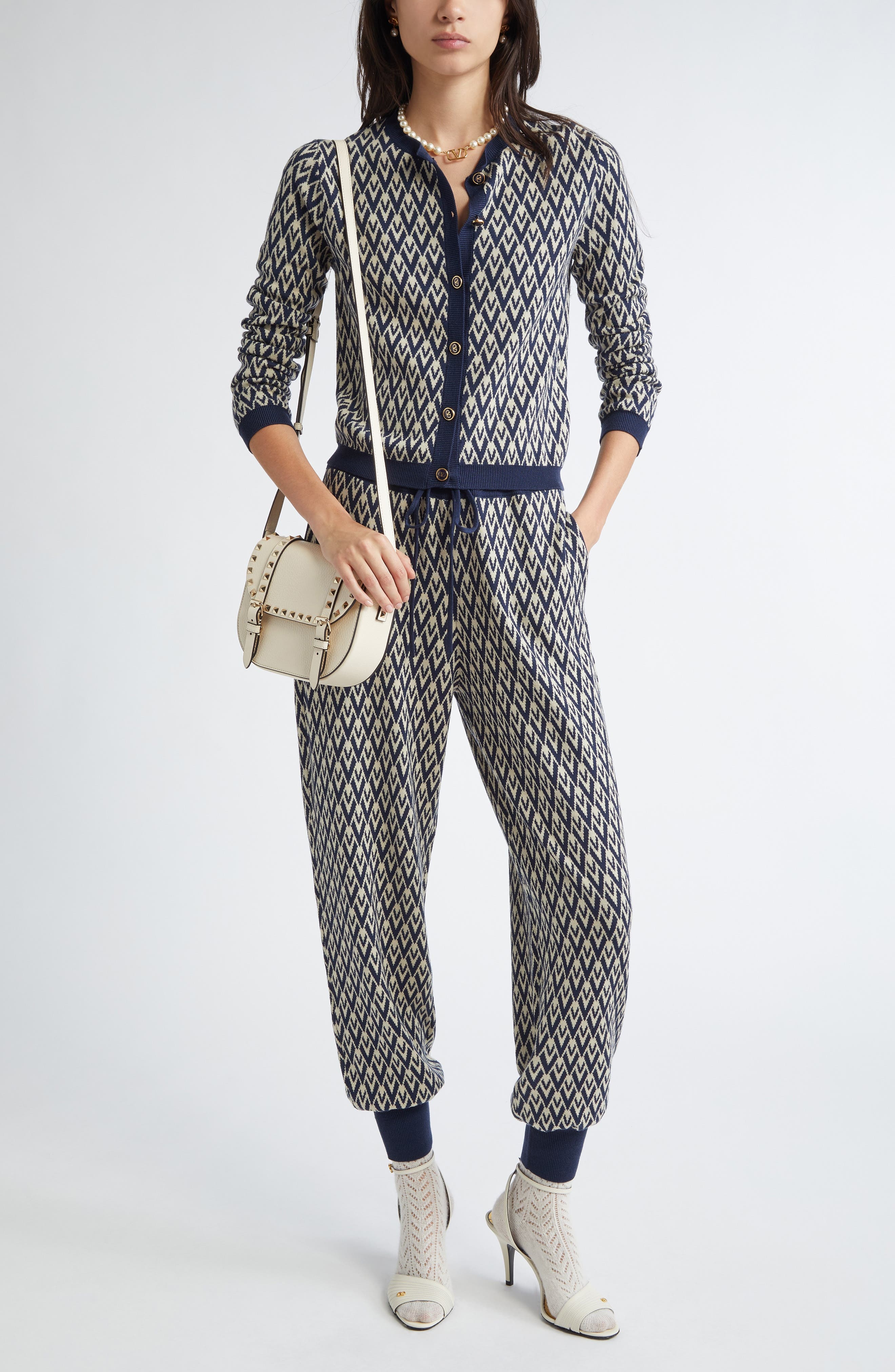 Valentino Garavani Toute La V Jacquard Virgin Wool Cardigan in Navy/Cream at Nordstrom - 2