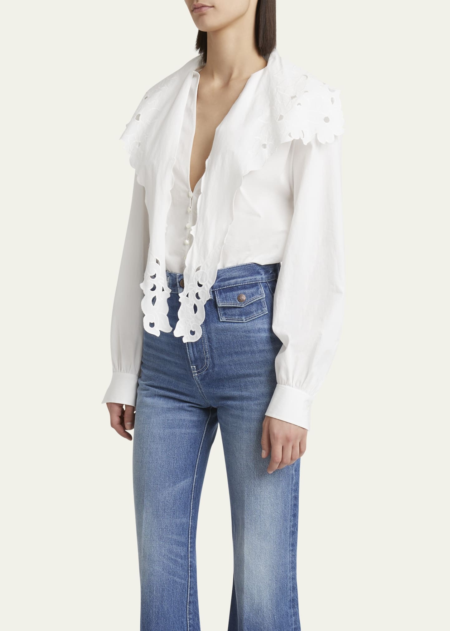 Embroidered Lavallière Cotton Shirt - 4