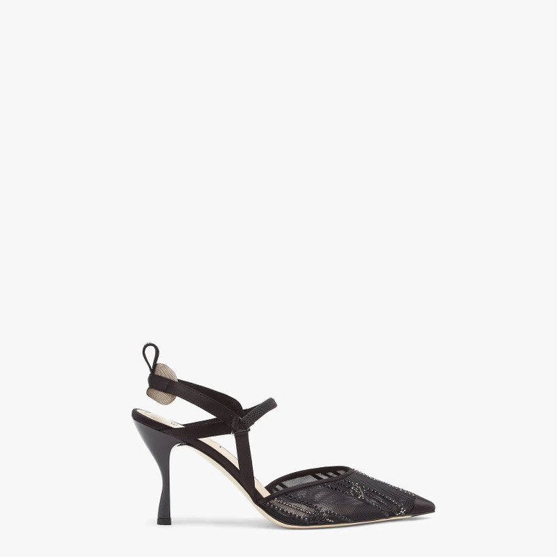 Black mesh and rhinestone embroidery high-heeled slingbacks 1
