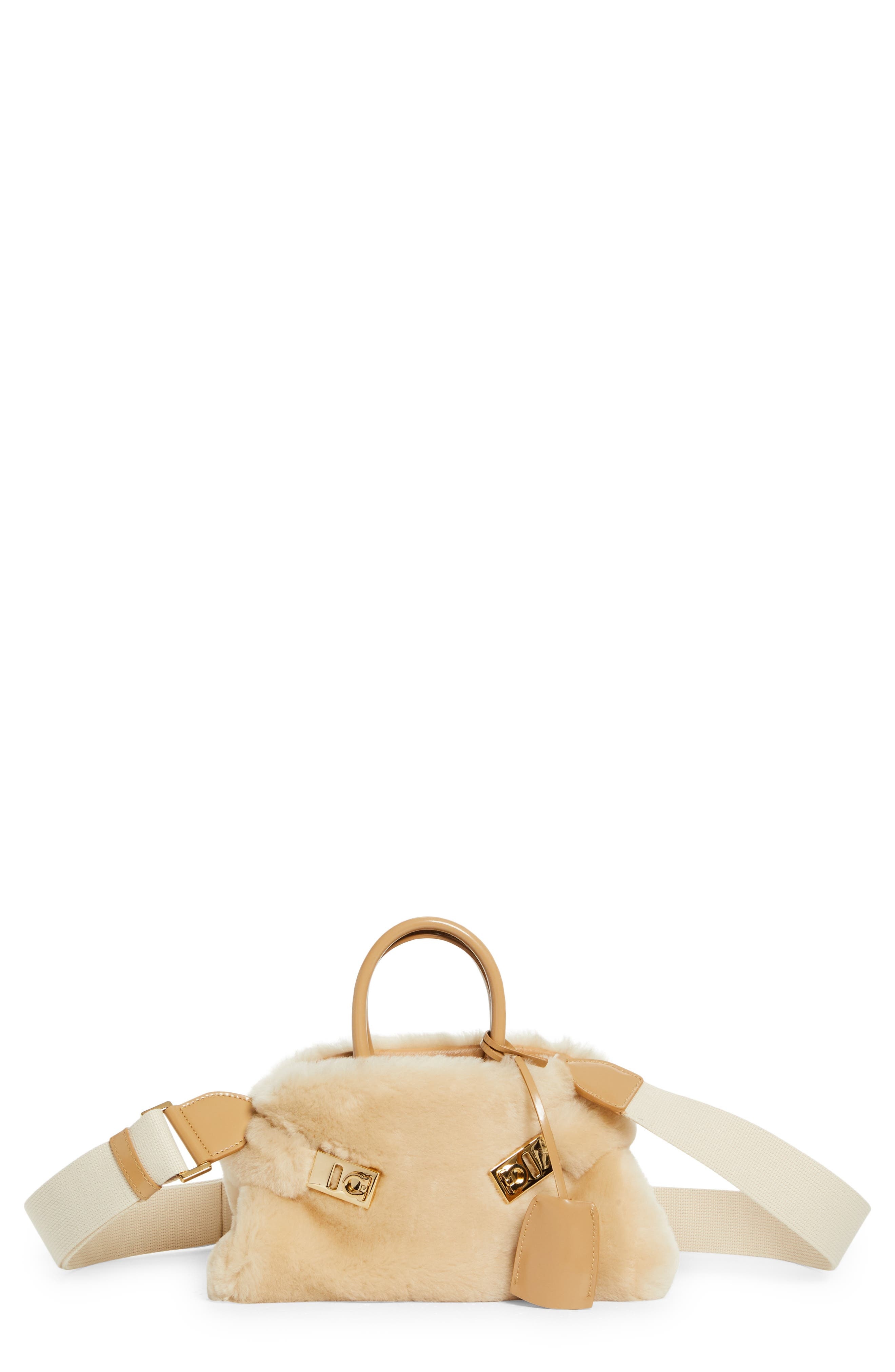 FERRAGAMO Mini Hug Genuine Shearling Top Handle Bag in Naturale/Camel at Nordstrom - 1