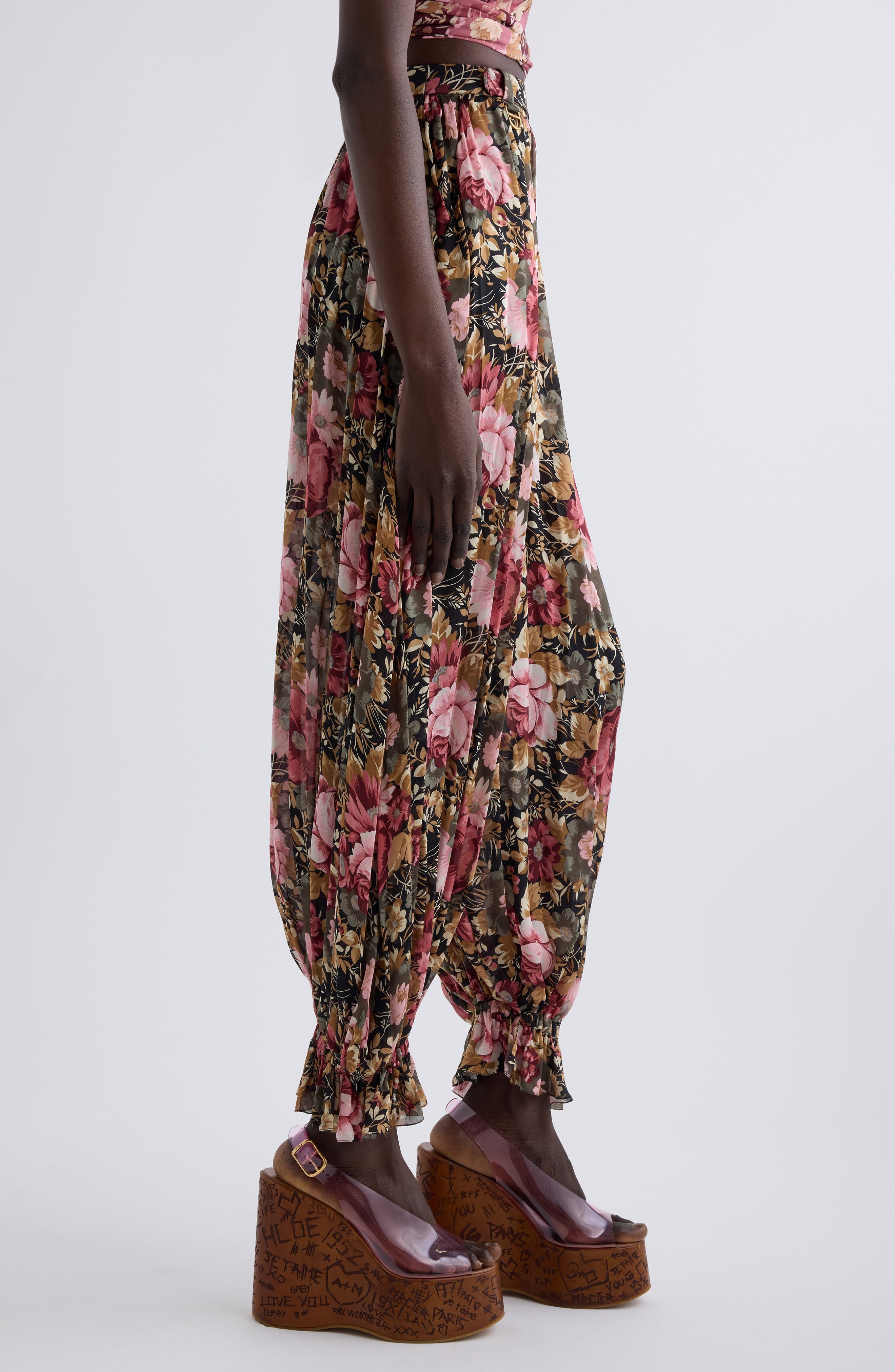 Chloé Floral Print Silk Crop Pants in Black at Nordstrom - 4