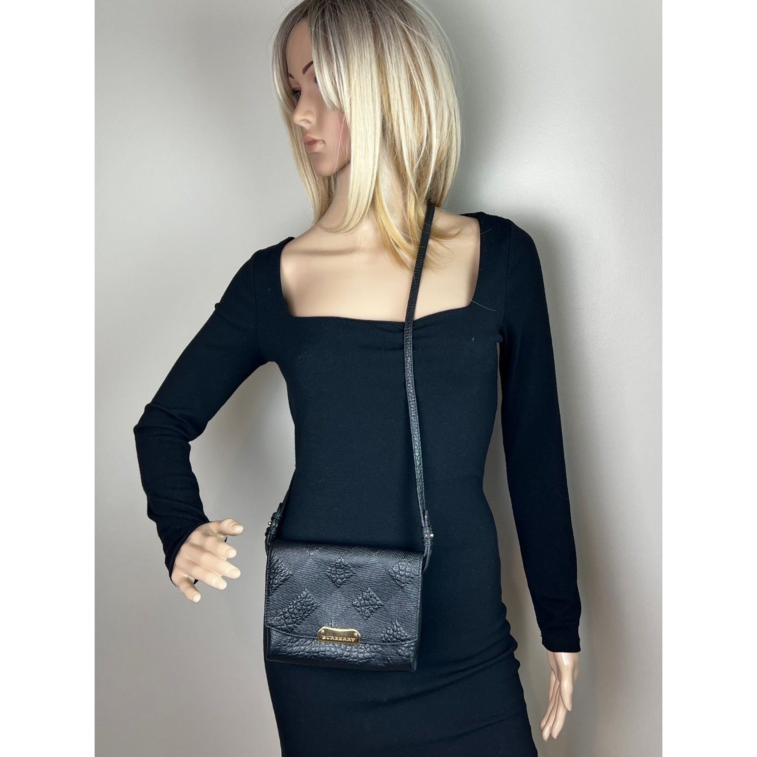 Burberry Signature Grain Leather Check Embossed Langley Black Crossbody - 6