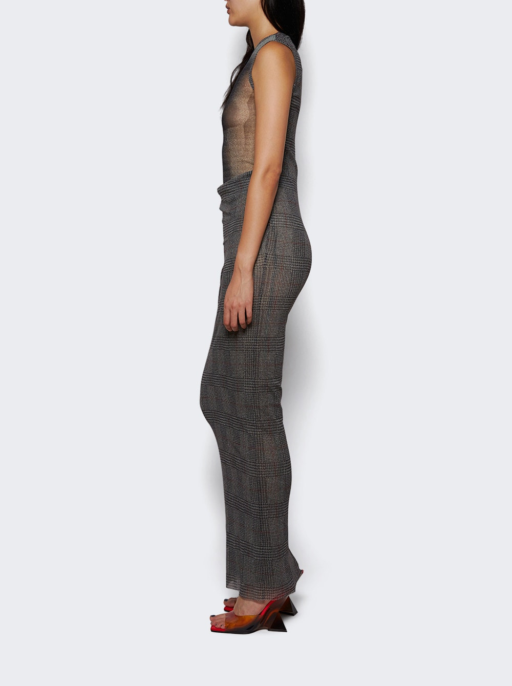 Printed Body Shadow And Prince Of Wales Mesh Long Dress Light Grey And Vanilla - 3