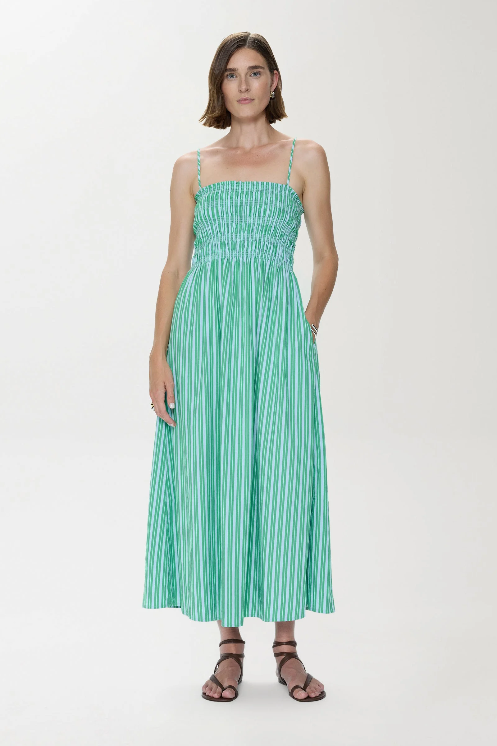 BIANCA SHIRRED BODICE DRESS - GREEN BLUE STRIPE - 1