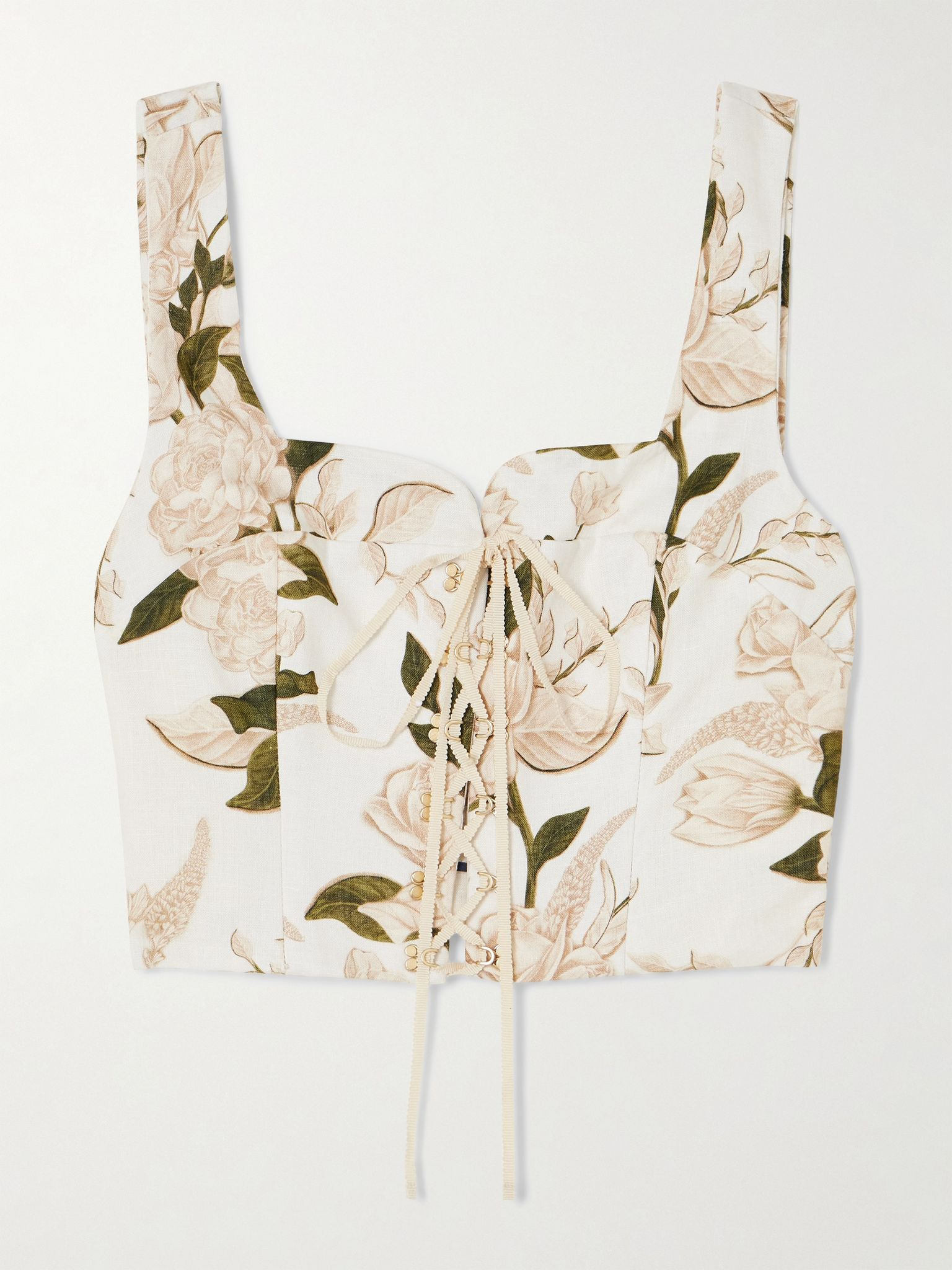Reserva cropped lace-up floral-print linen bustier top Multi - 1