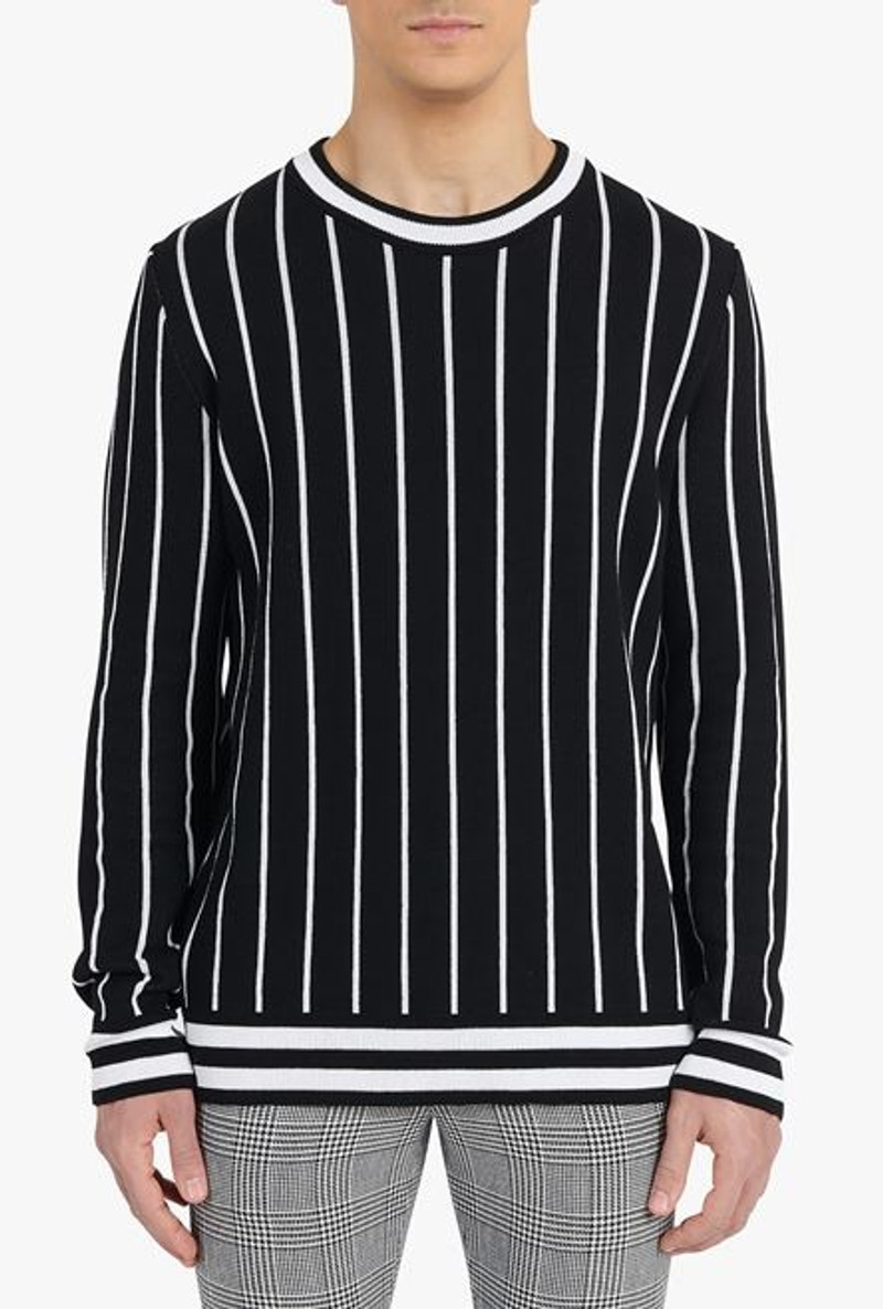 Striped black cotton sweater with white Balmain Paris logo 5