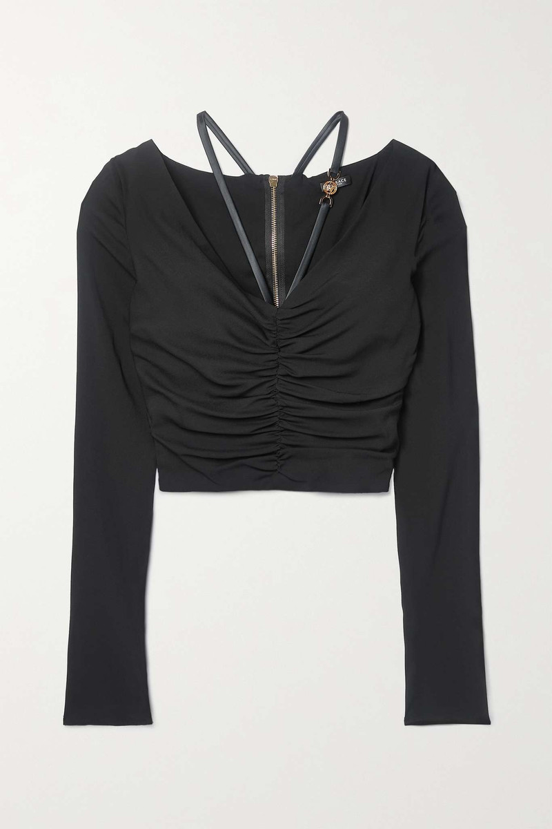 Cropped embellished ruched stretch-crepe top - 1