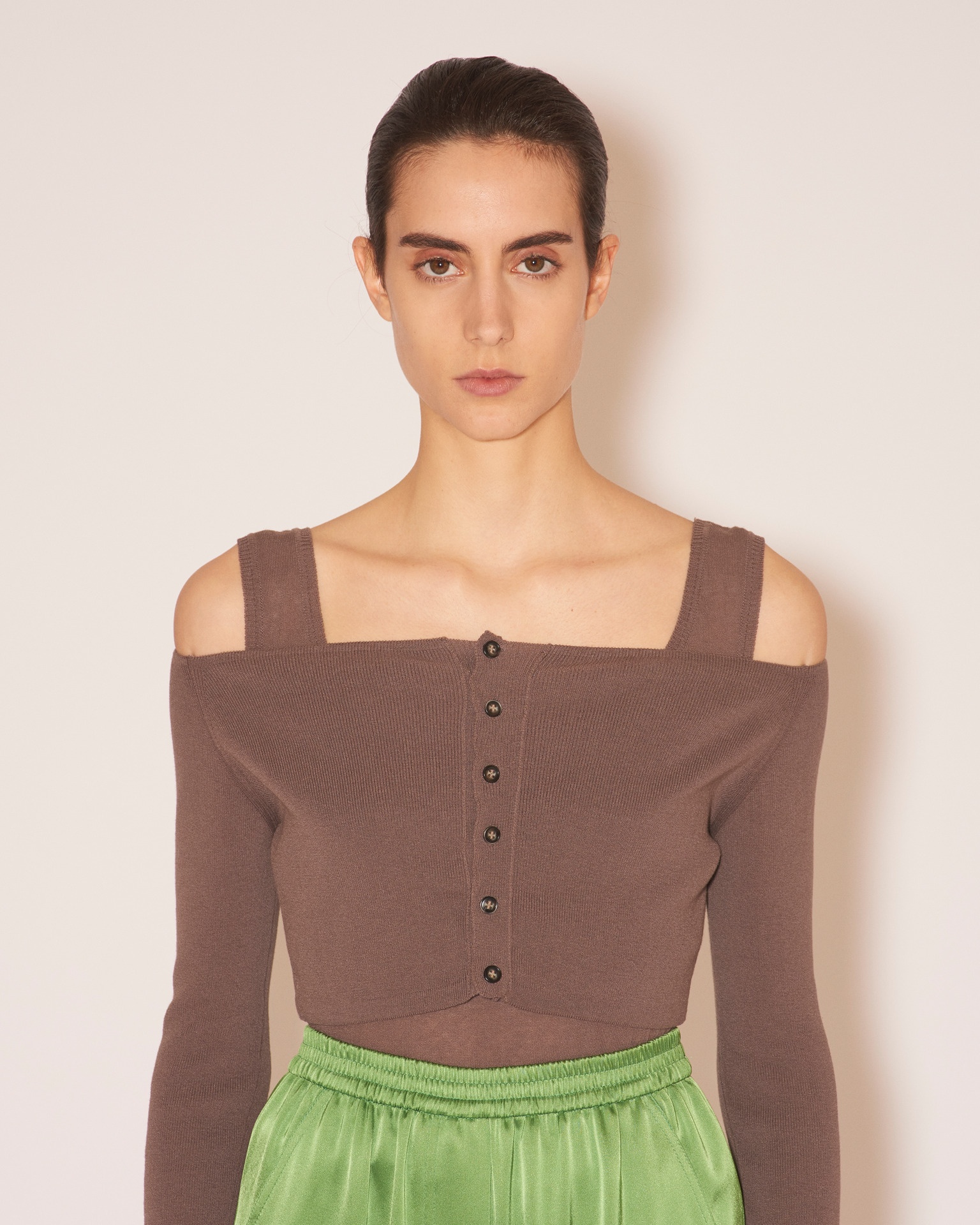 ARIA - Superfine textured cotton off-shoulder top - Brown - 6