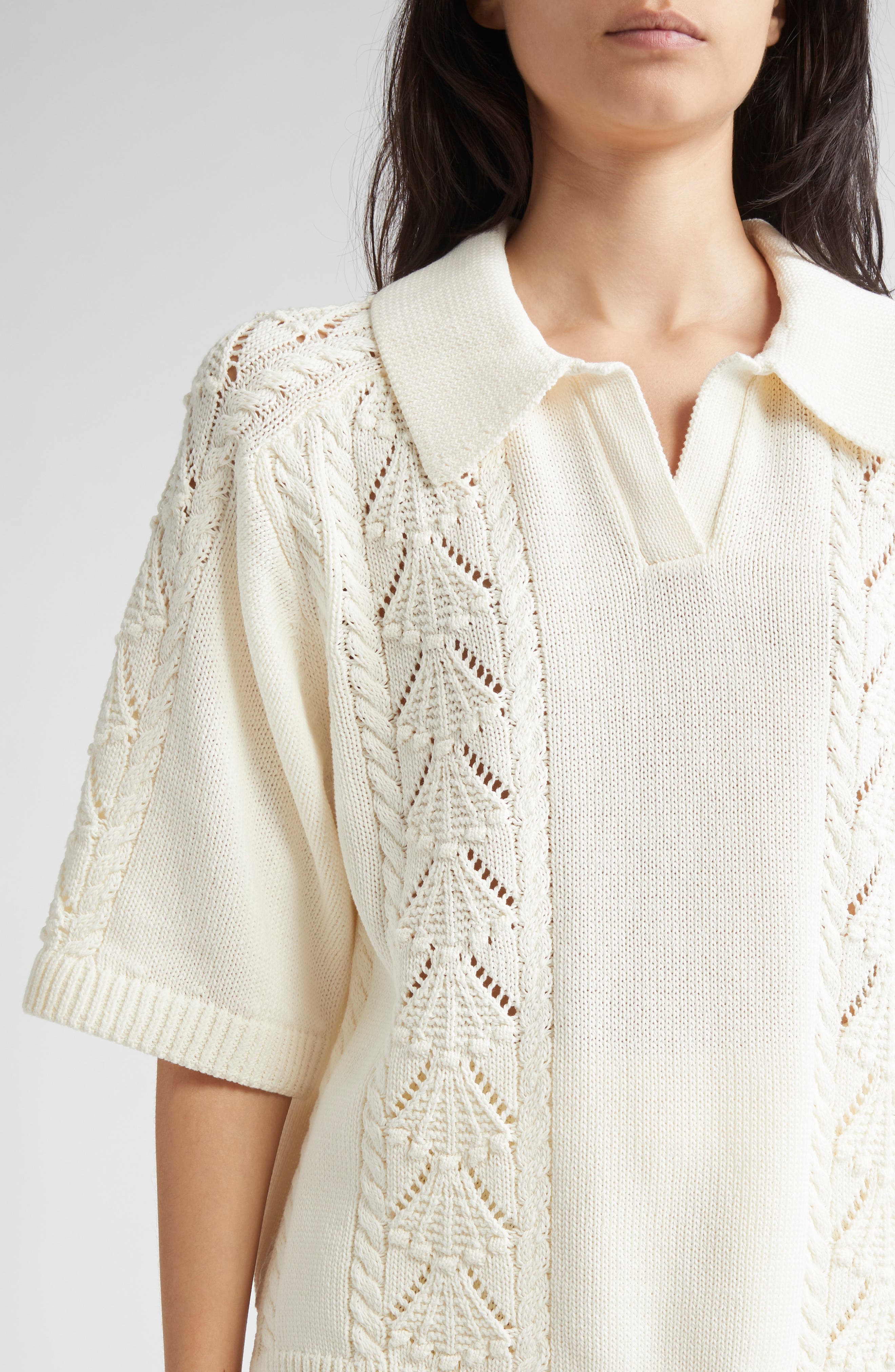 LOULOU DE SAISON Kina Johnny Collar Cotton Sweater in Ivory at Nordstrom - 5