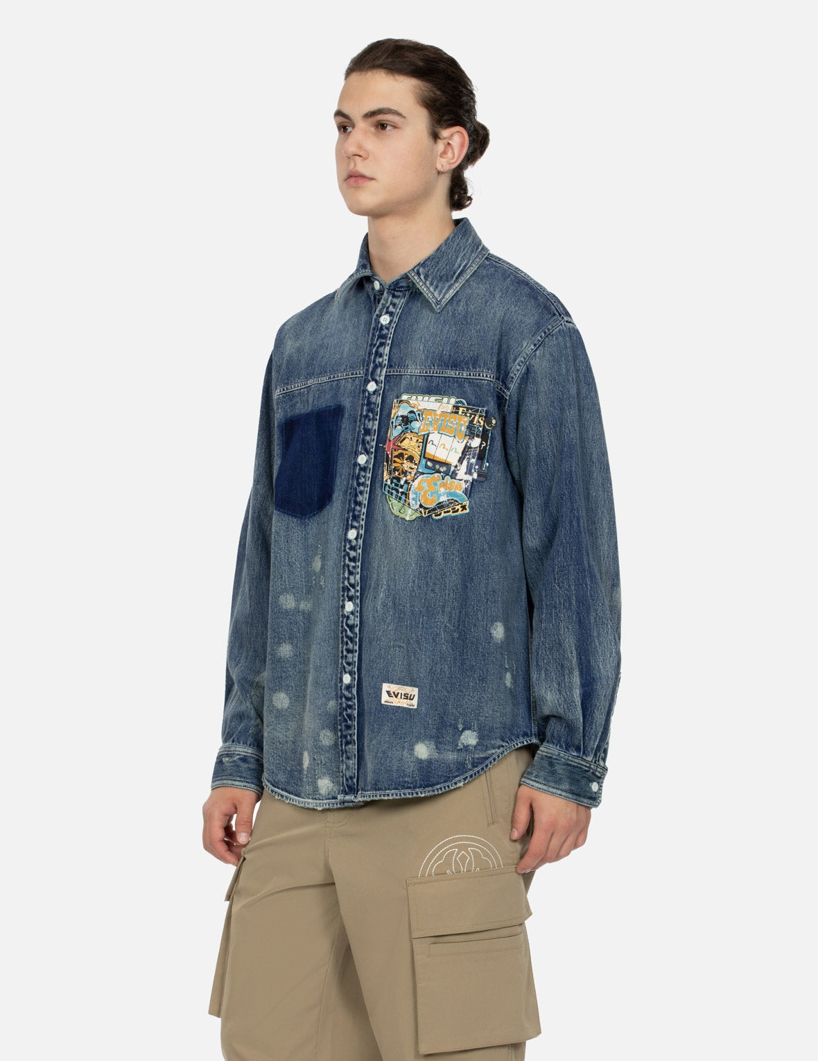 Lucky Slot Machine and Daruma Print Relax Fit Denim Shirt - 4