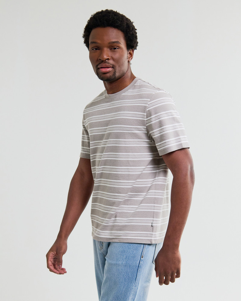 Wax London Dean - Taupe And Ecru Textured Stripe Organic Cotton T-Shirt outlook
