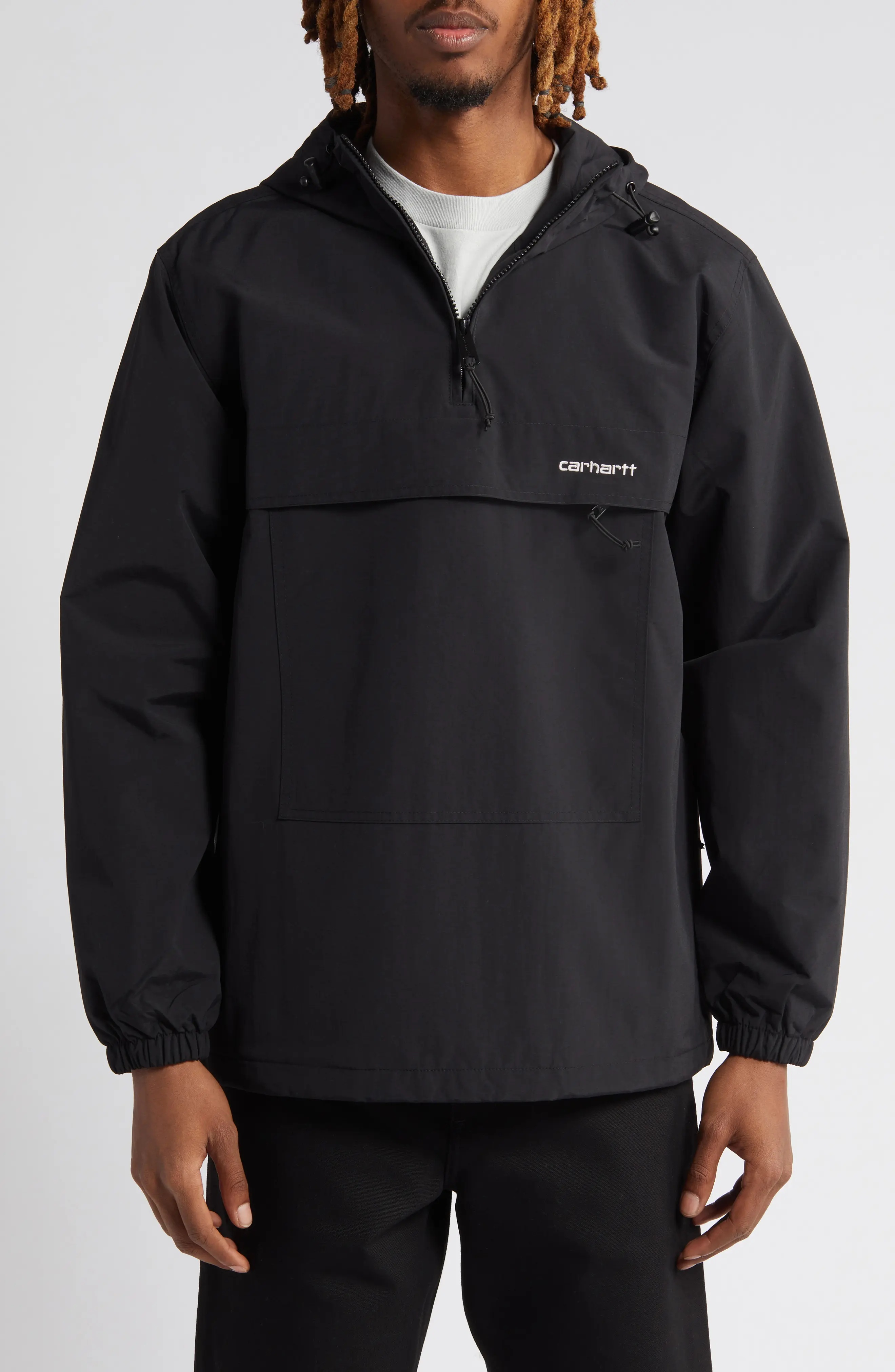 Hooded Nylon Quarter Zip Pullover in Black /White - 1