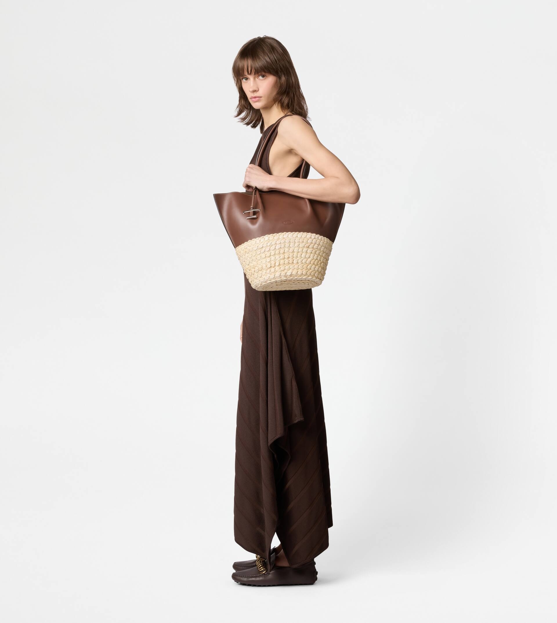SHOPPING BAG IN STRAW AND LEATHER MEDIUM - BROWN, NATURAL - 7