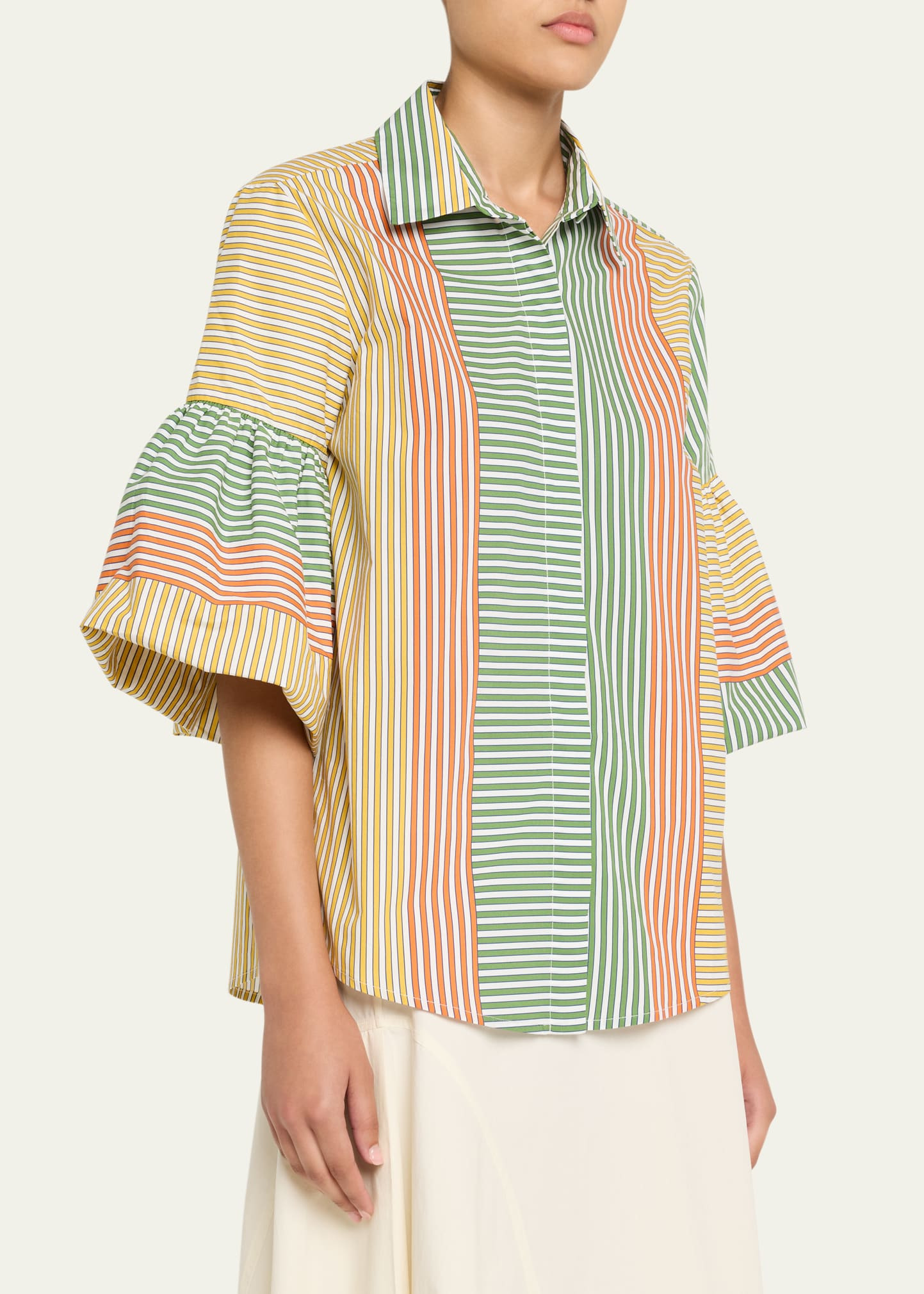 Helina Multi-Striped Puff-Sleeve Button-Down Top - 4