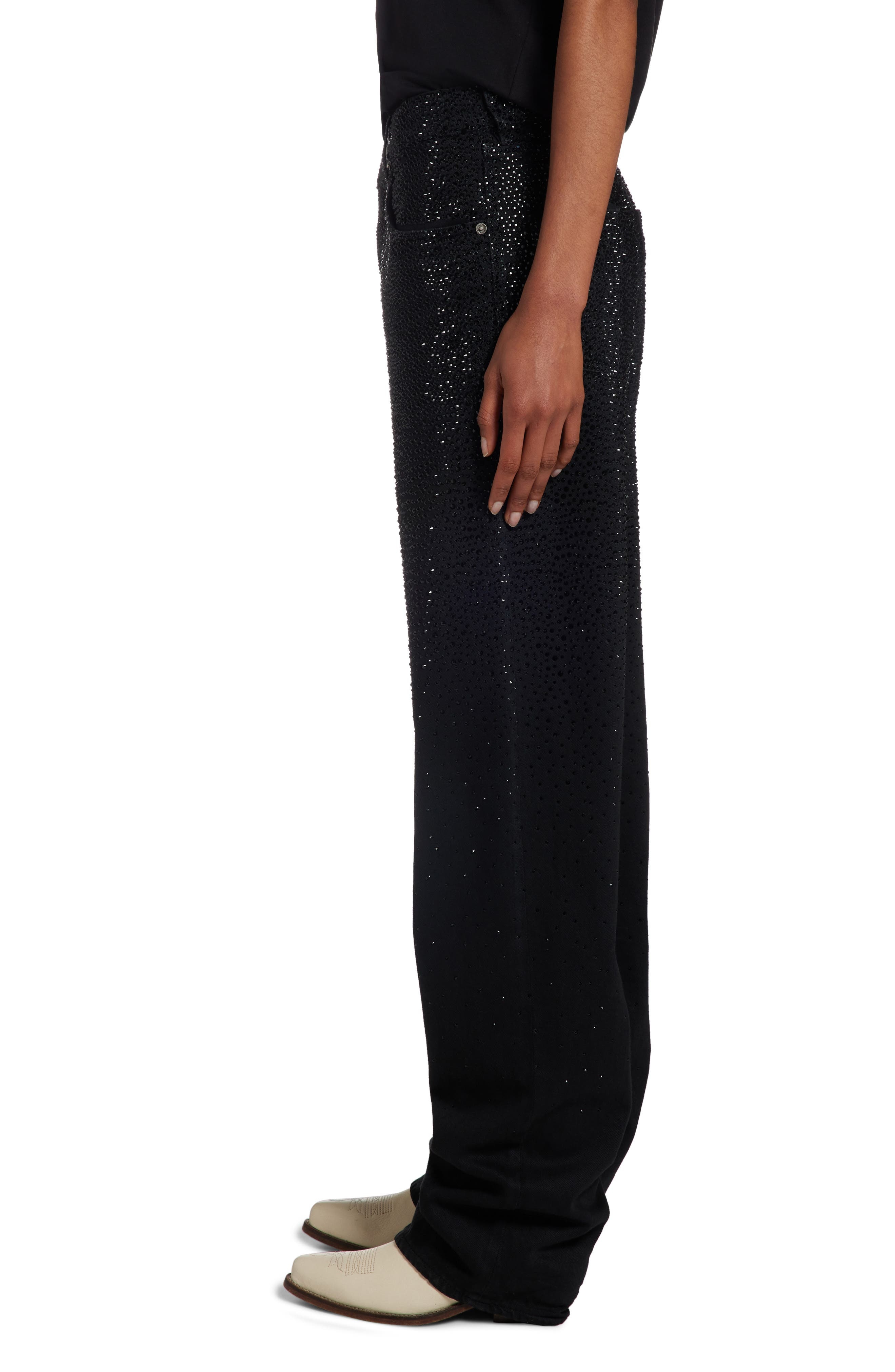 Crystal Embellished Ripped Straight Leg Jeans - 4