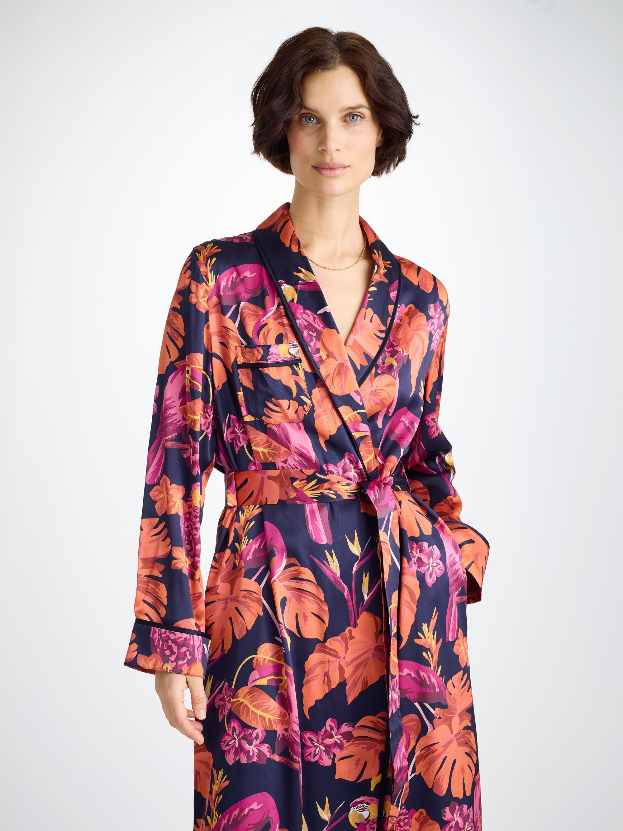 Women's Long Robe Silk Satin Navy Jungle Birds Pattern - 3