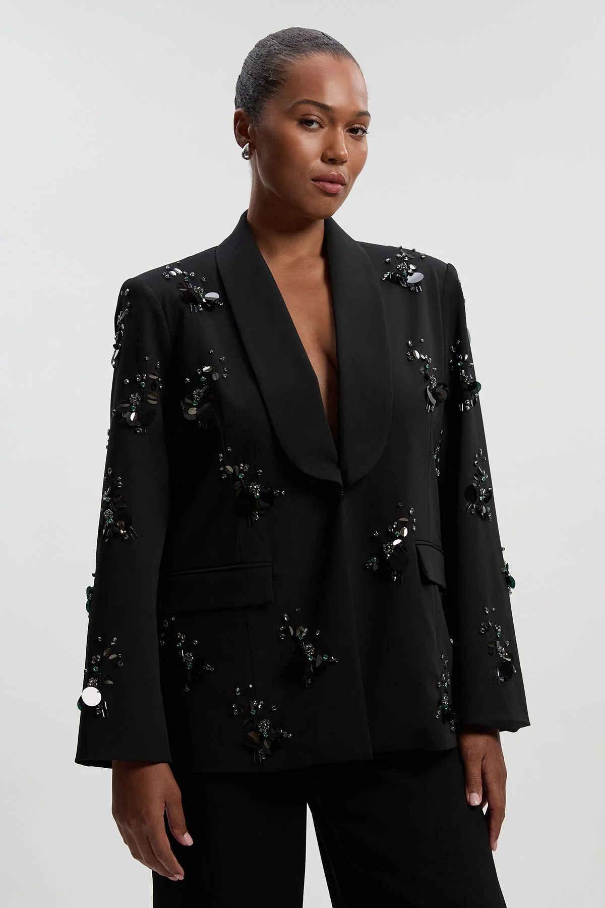 Plus Size Cluster Sequin & Crystal Embellished Tailored Single Breast Blazer - 1