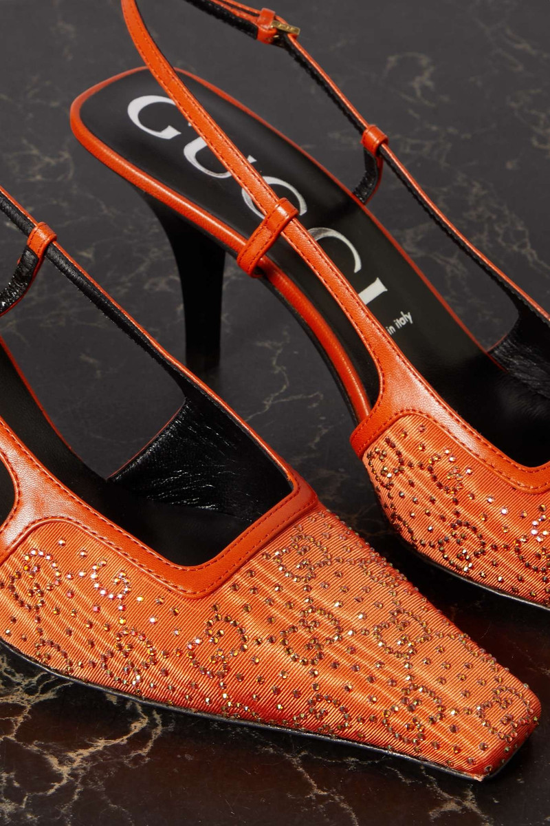 Bauletto leather-trimmed crystal-embellished faille slingback pumps 4
