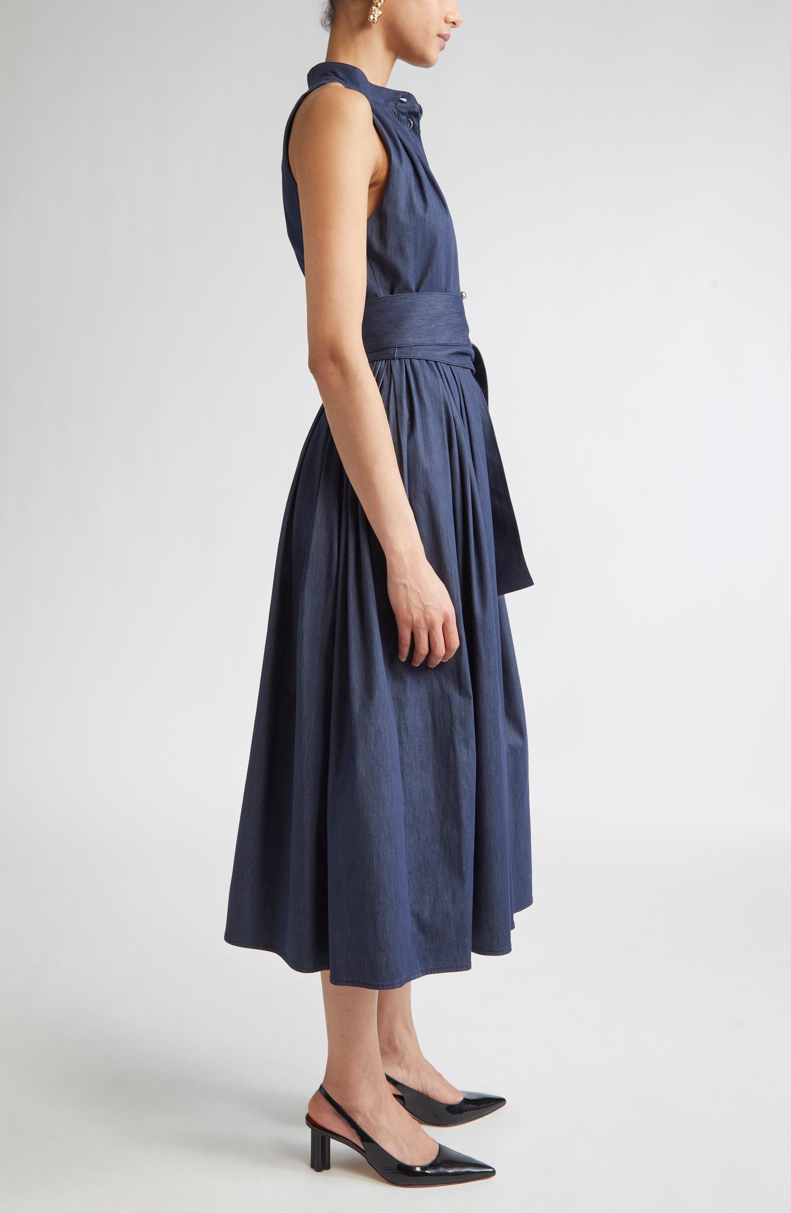Carolina Herrera Sleeveless Cotton Blend Belted Shirtdress in Dark Navy at Nordstrom - 3