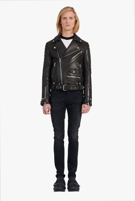 Black quilted leather biker jacket - 4
