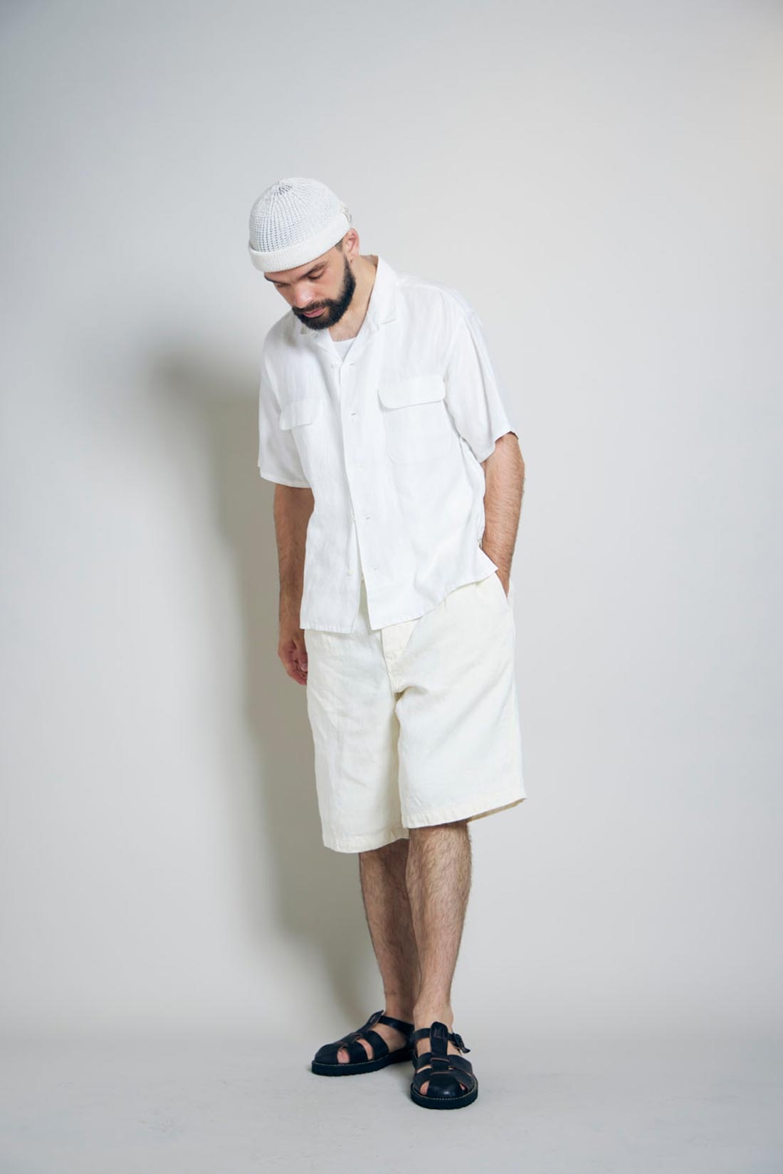 Open Collar Shirt Linen Twill in Off White - 2