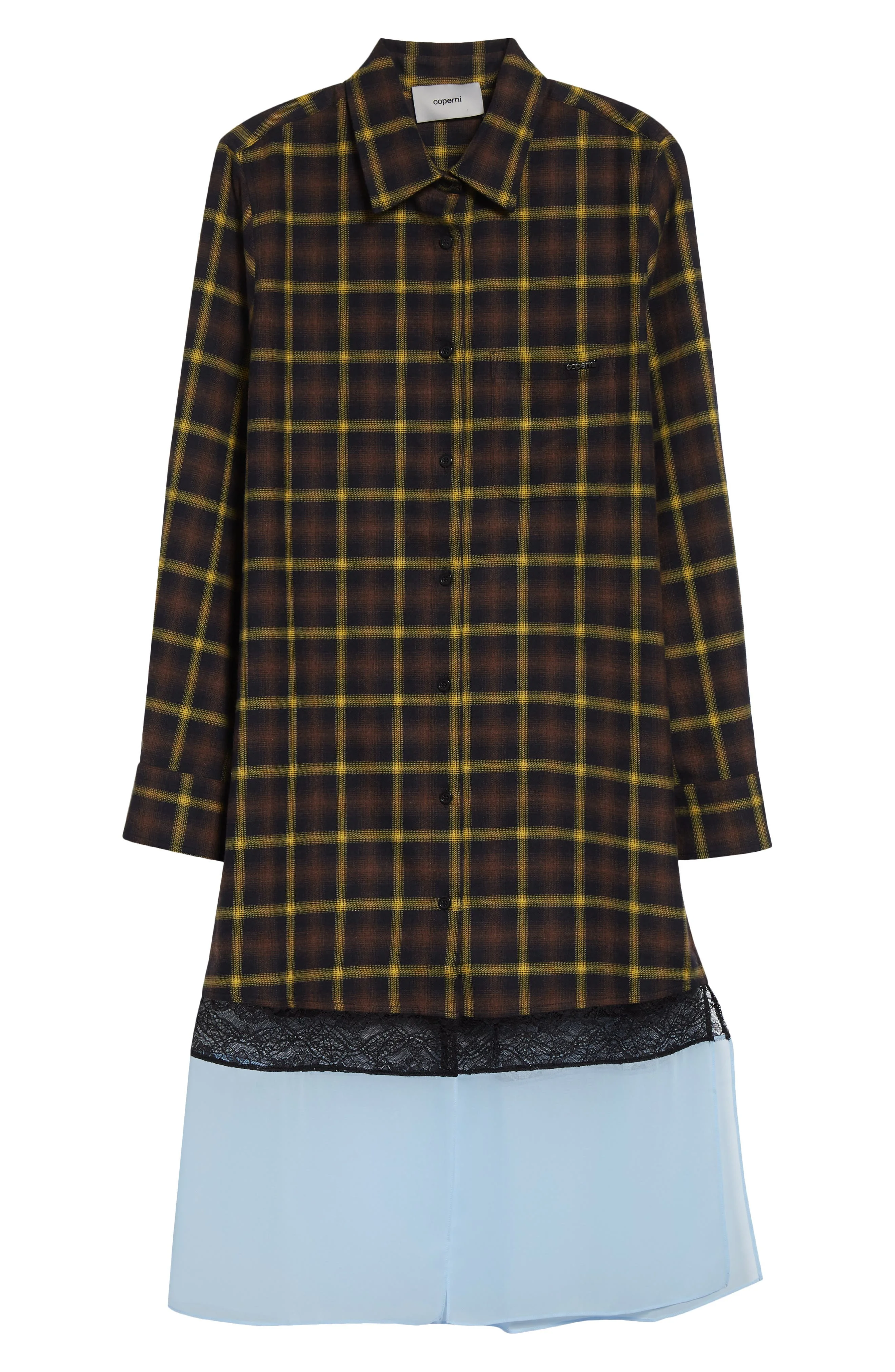 Coperni Mixed Media Long Sleeve Shirtdress in Brown-Blue at Nordstrom - 1