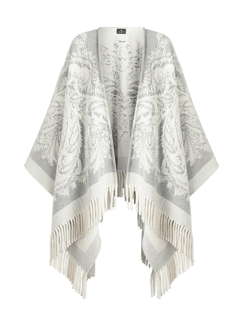 Women's Jacquard Wool Fringe-Trim Cape - Ivory Grey 1