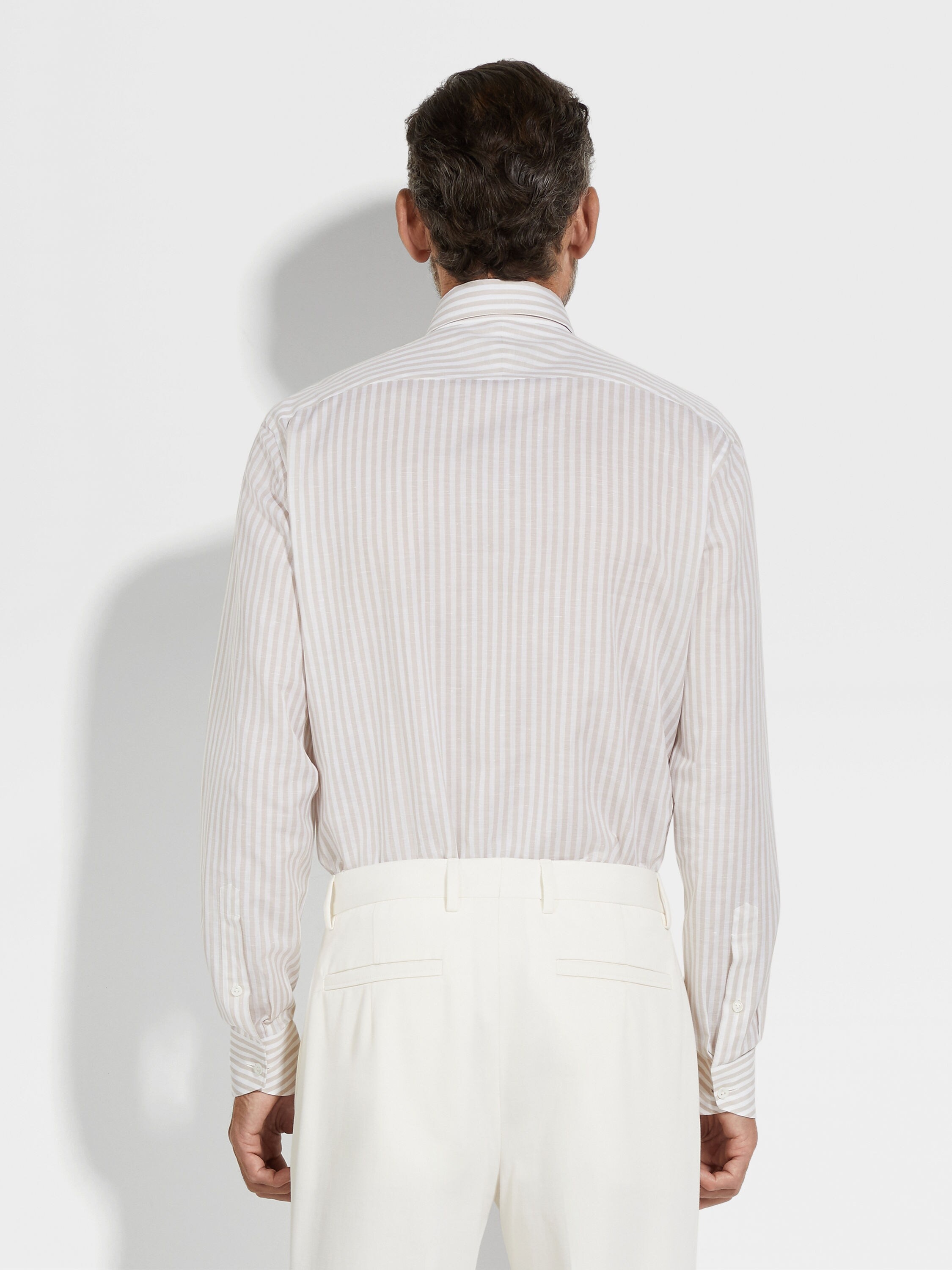WHITE AND LIGHT TAUPE MACRO-STRIPED CENTOVENTIMILA COTTON AND LINEN SHIRT - 5