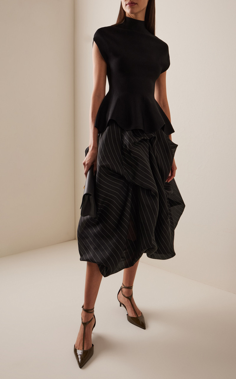 KHAITE Lou Gathered Silk Midi Skirt black/white outlook