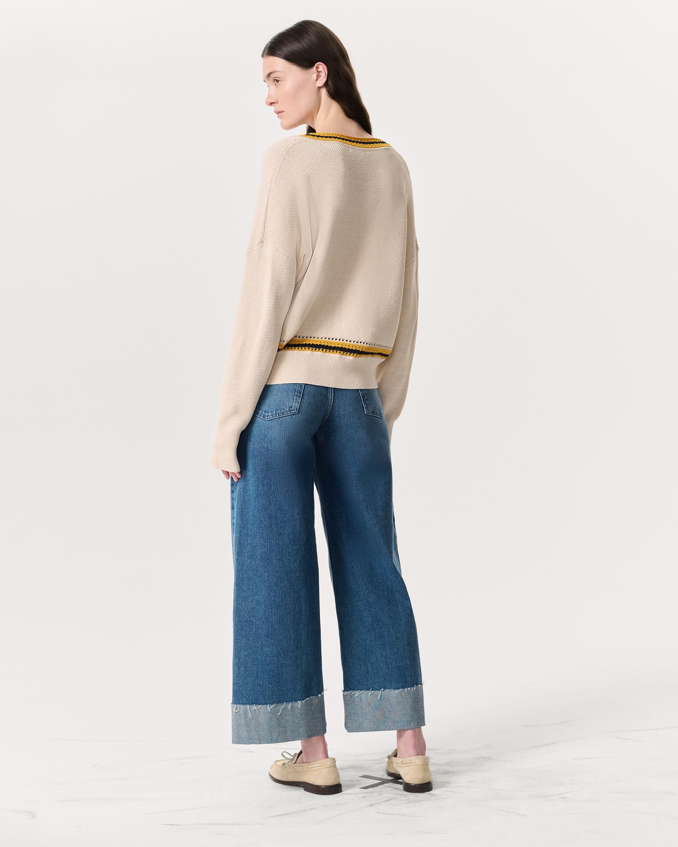 Meghan Striped Crochet-Trim V-Neck Sweater - 5