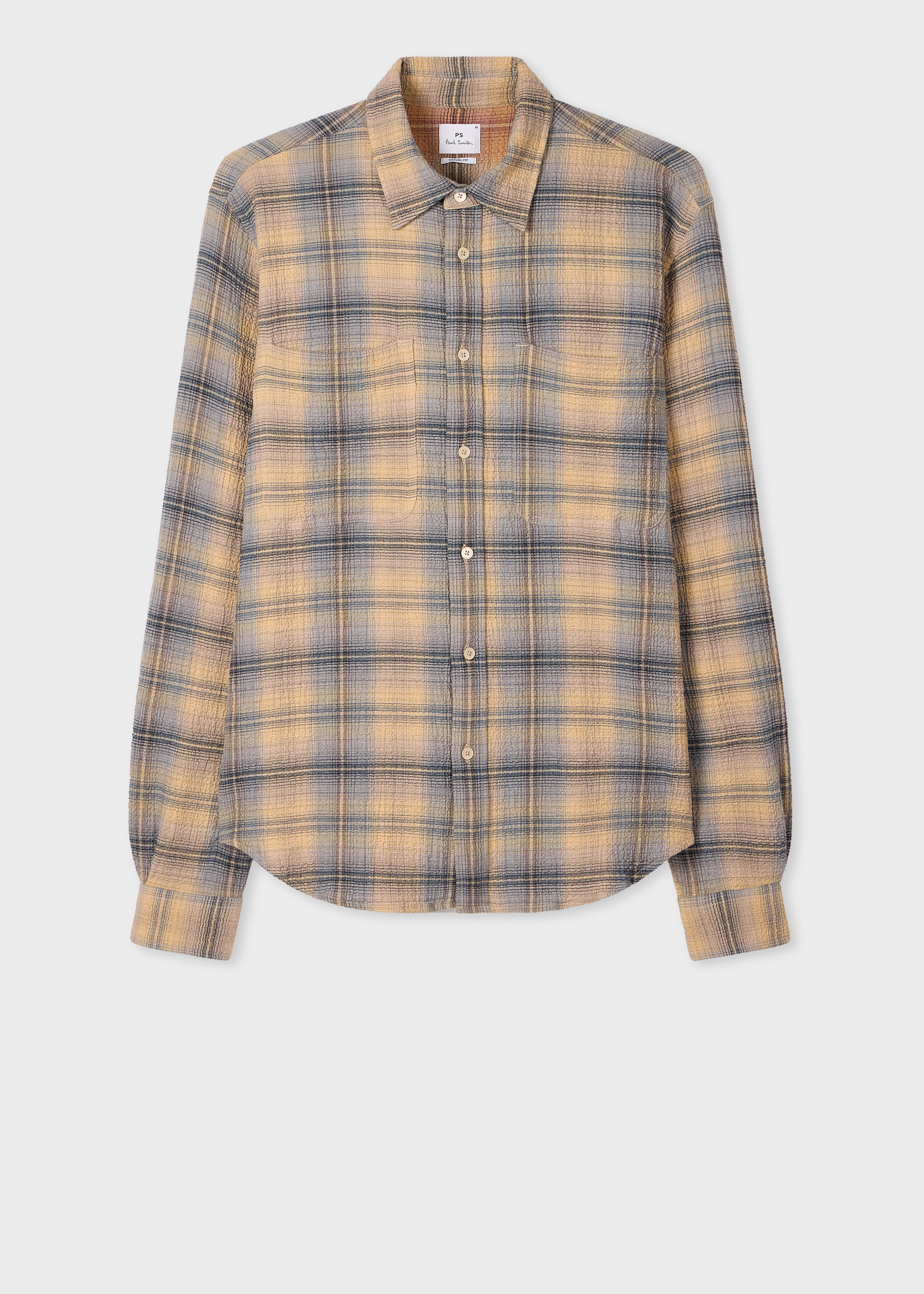 Blue and Beige Cotton-Cashmere Crinkle Check Shirt - 1