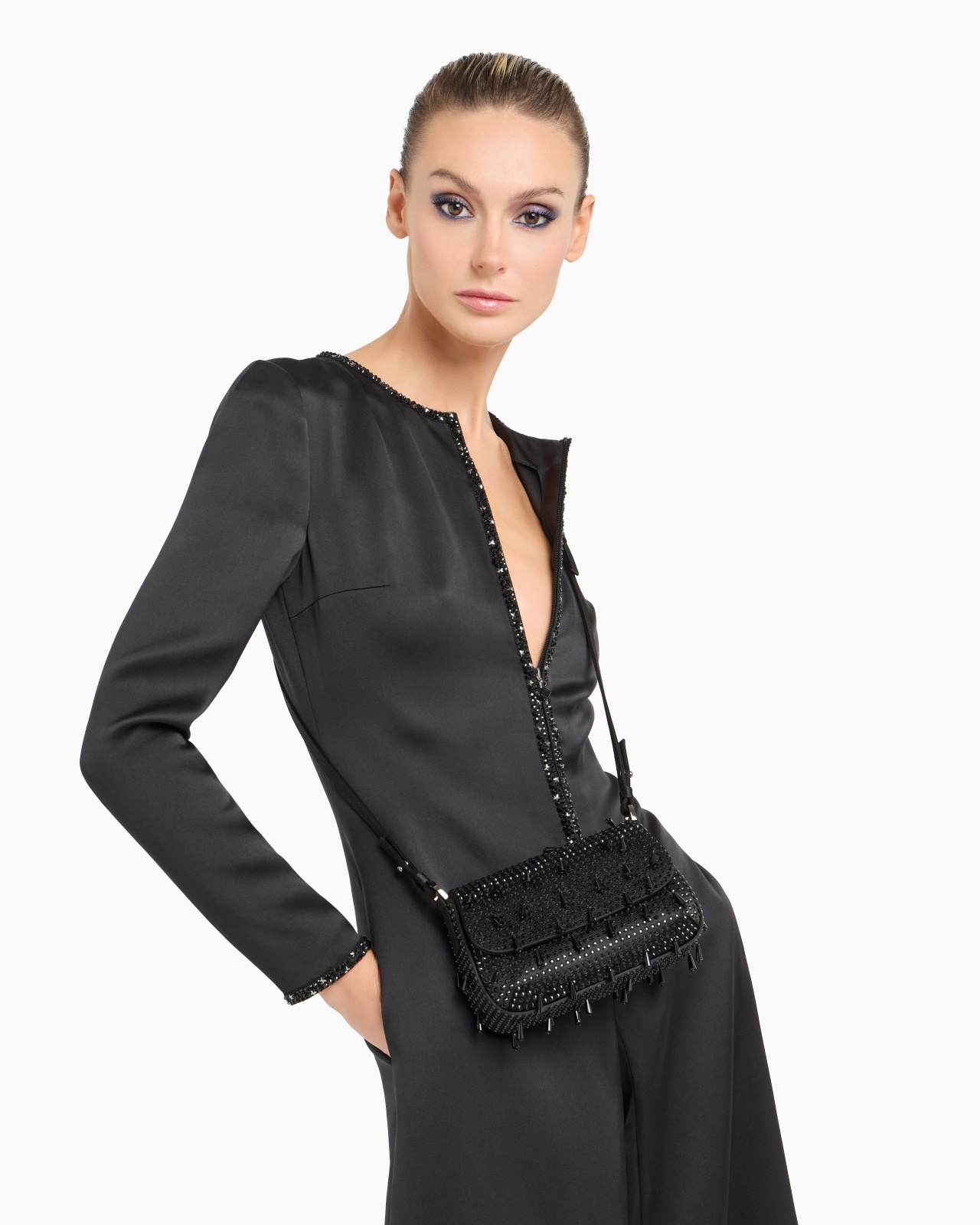 LA PRIMA SOFT MINI SATIN HANDBAG WITH RHINESTONE AND BEAD EMBROIDERY - 7