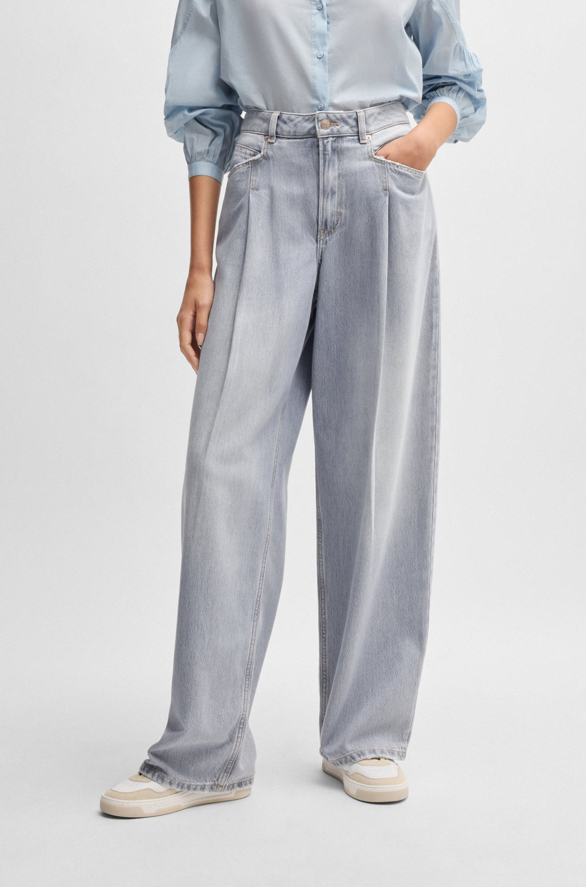 WIDE-LEG JEANS IN GRAY DENIM WITH FRONT PLEATS - 2