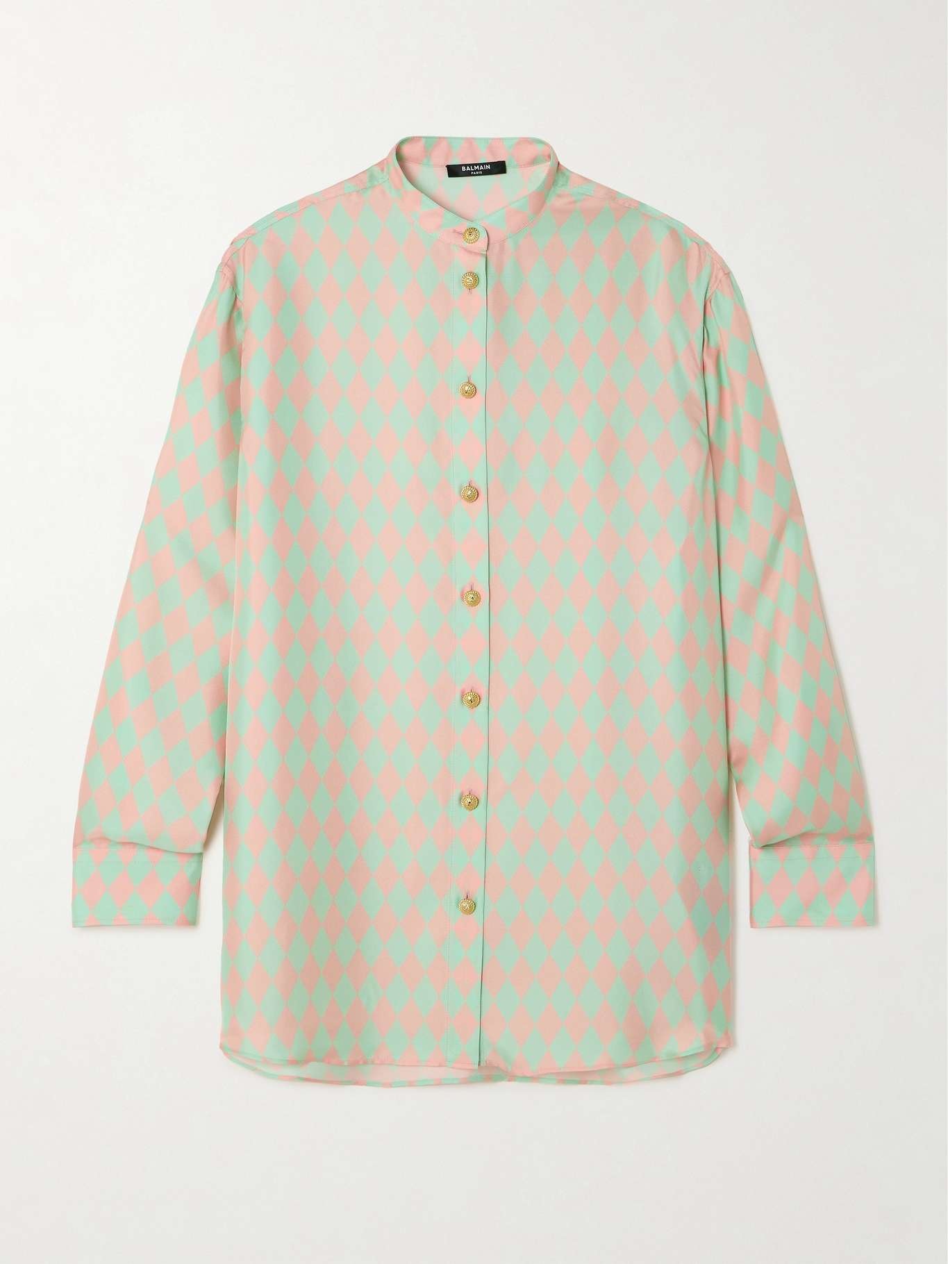 Oversized button-embellished argyle-printed silk-satin shirt - 1