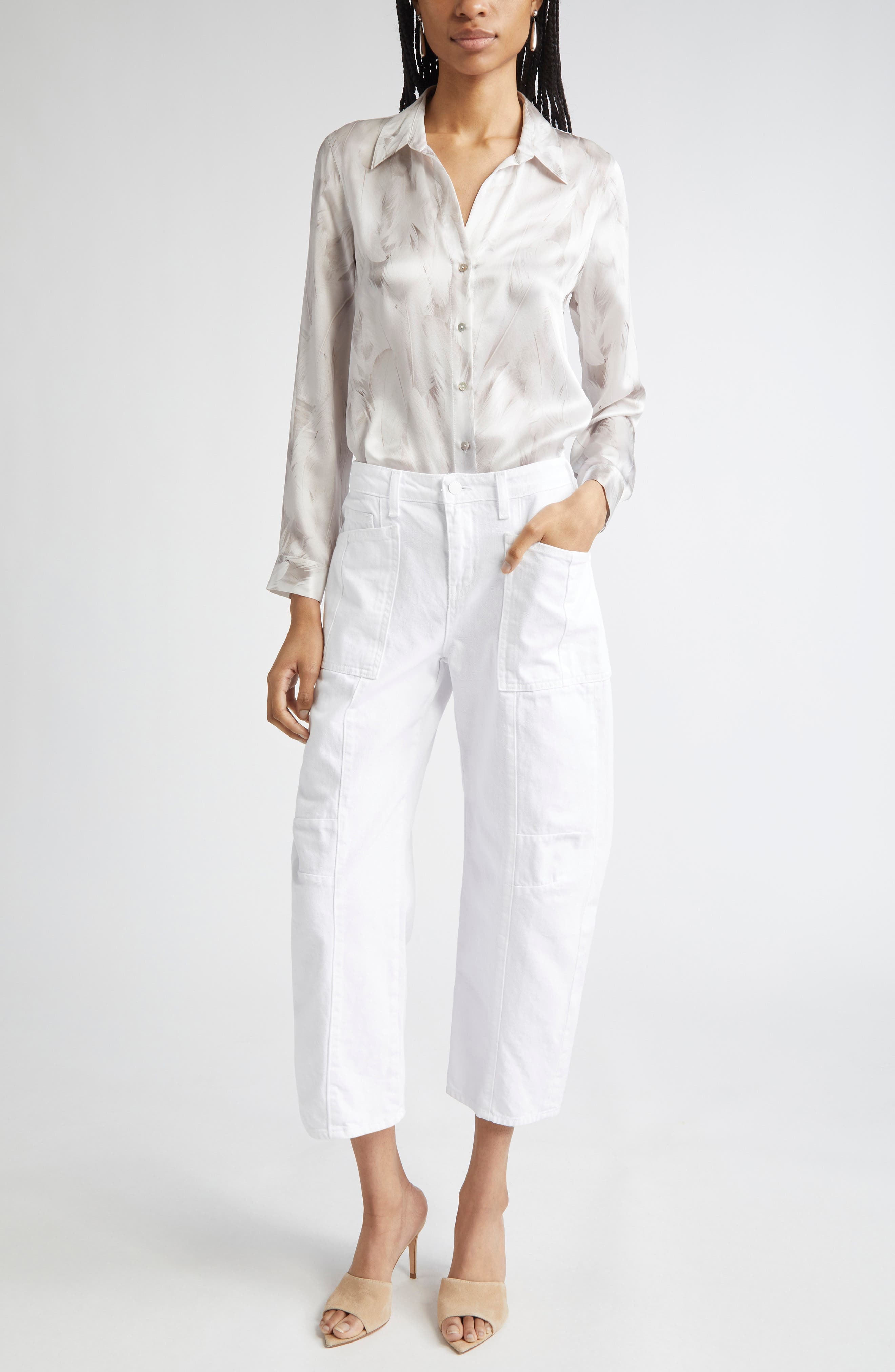 L'AGENCE Tyler Feather Print Silk Button-Up Shirt in White Feather Print at Nordstrom - 2