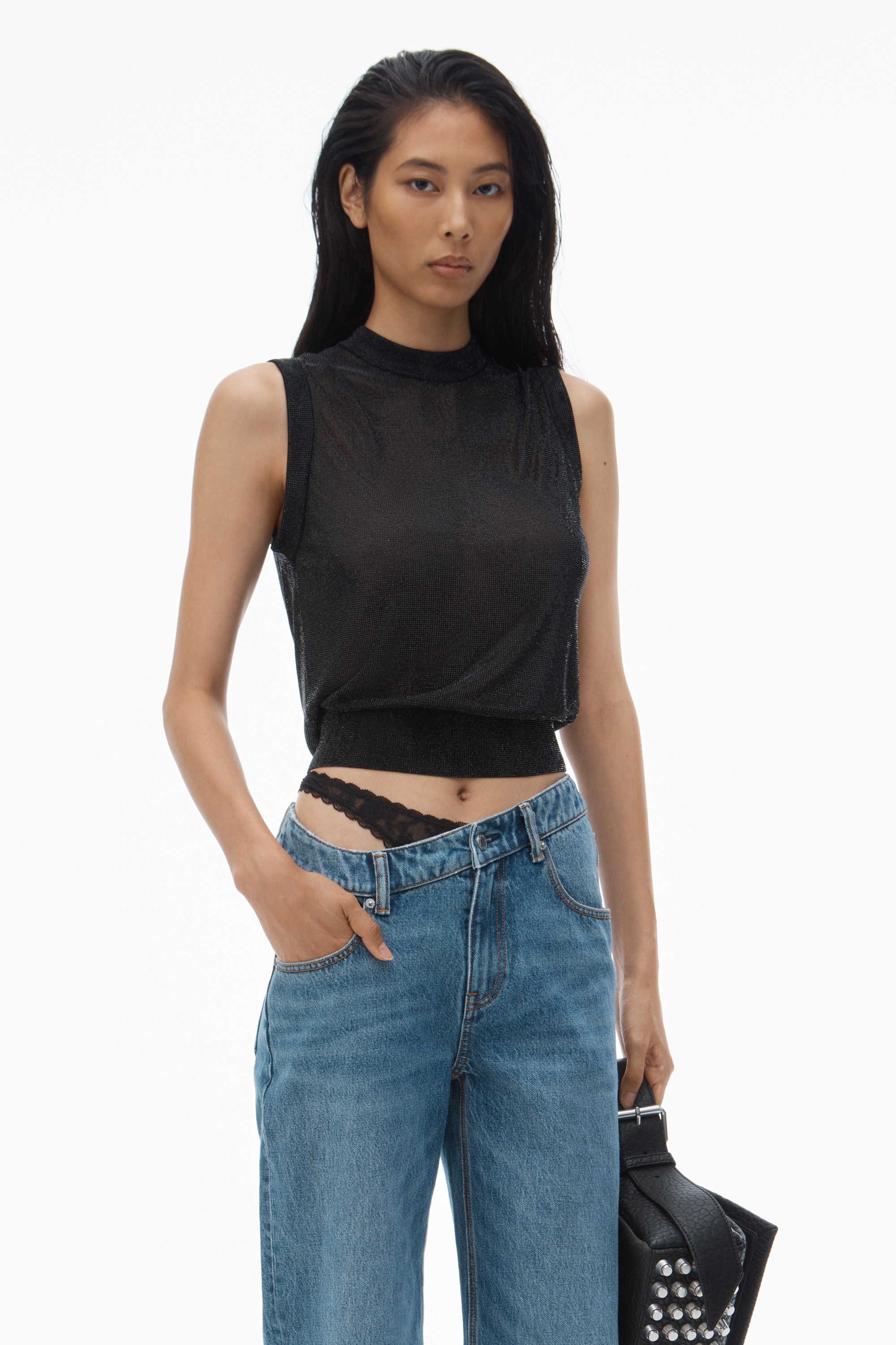 Pre-Styled Denim Jeans with Asymmetrical Lace Waistband - 6