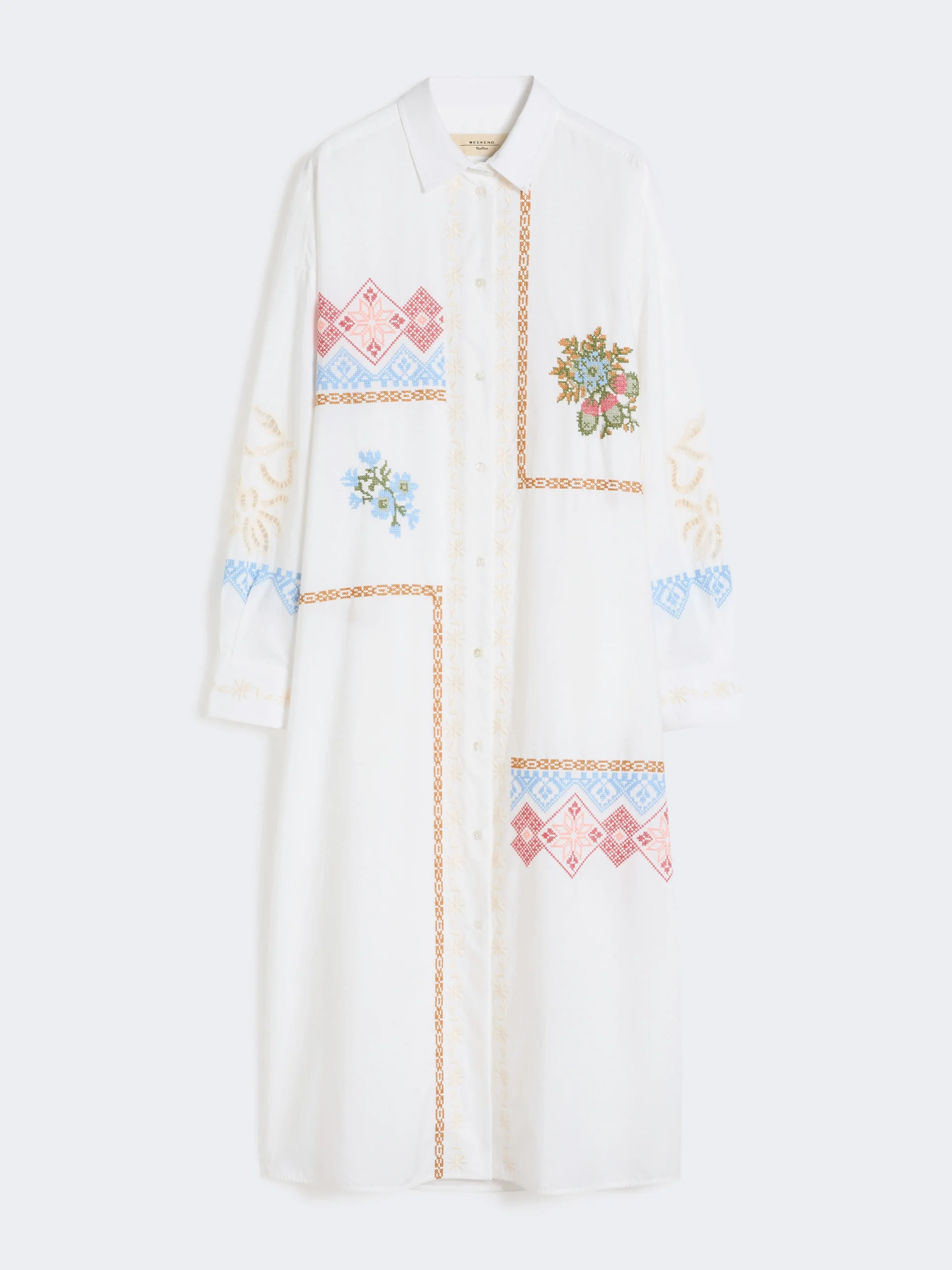 Poplin shirt dress with embroideries - WHITE - 1