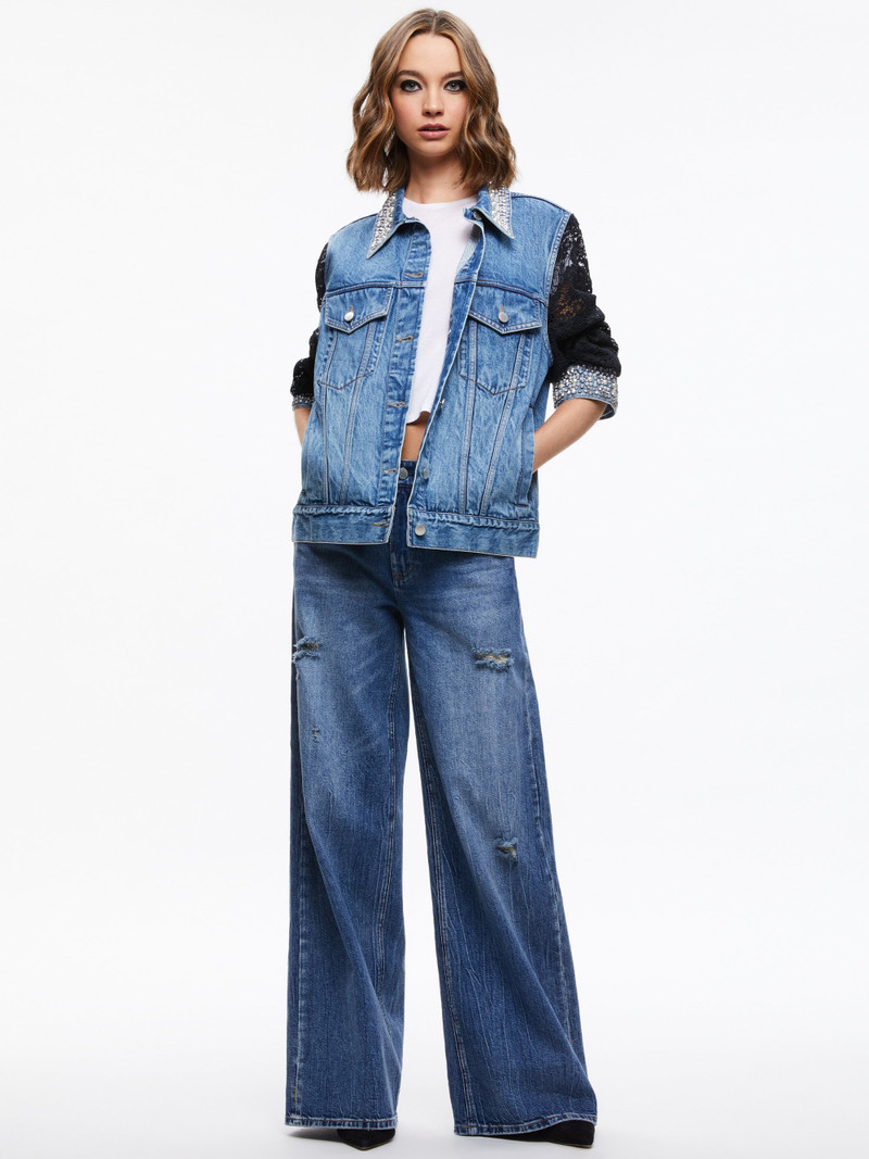 Alice + Olivia JEFF EMBELLISHED LACE SLEEVE DENIM JACKET outlook
