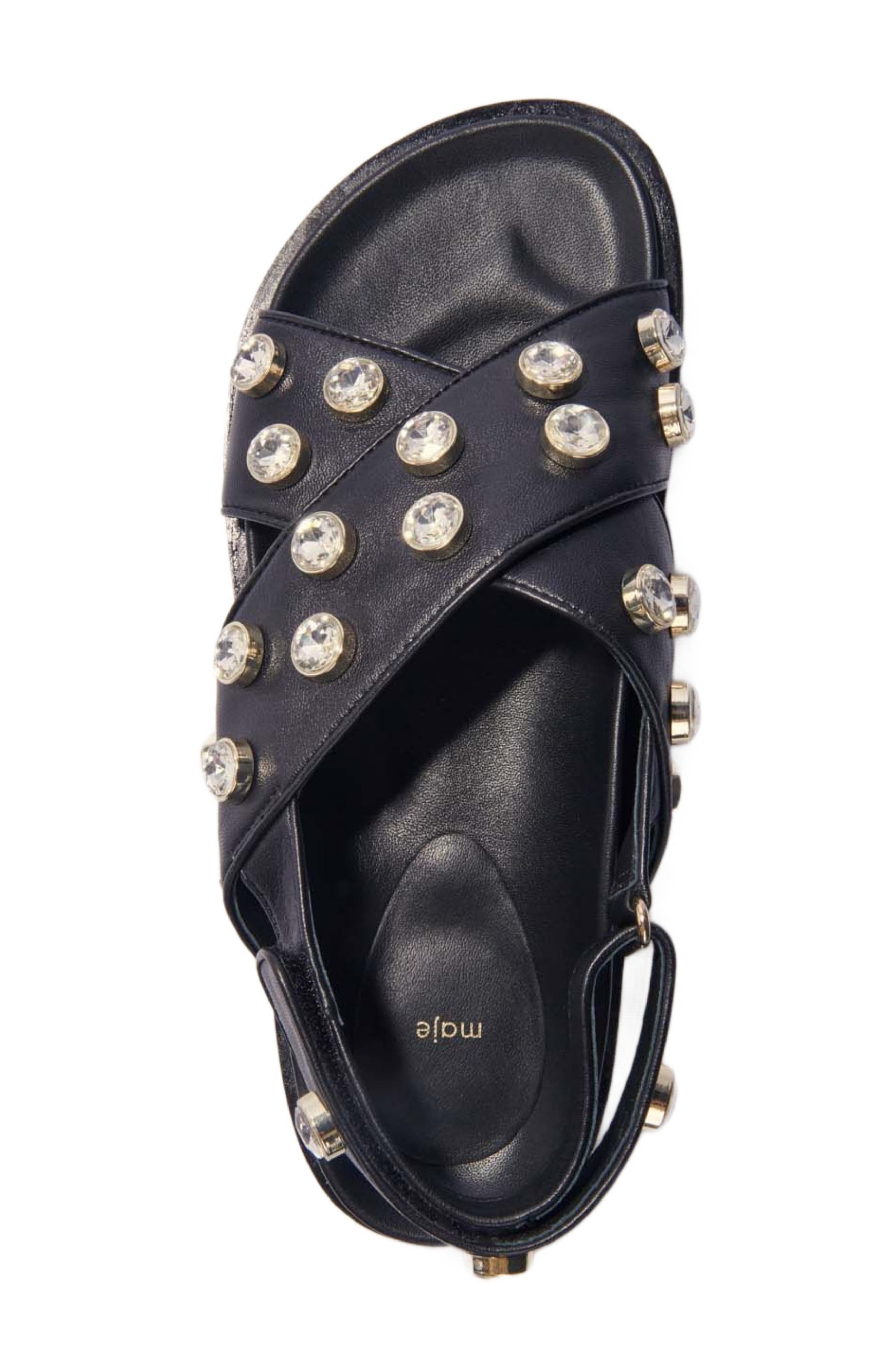 maje Flat leather and rhinestone sandals in Black at Nordstrom - 3