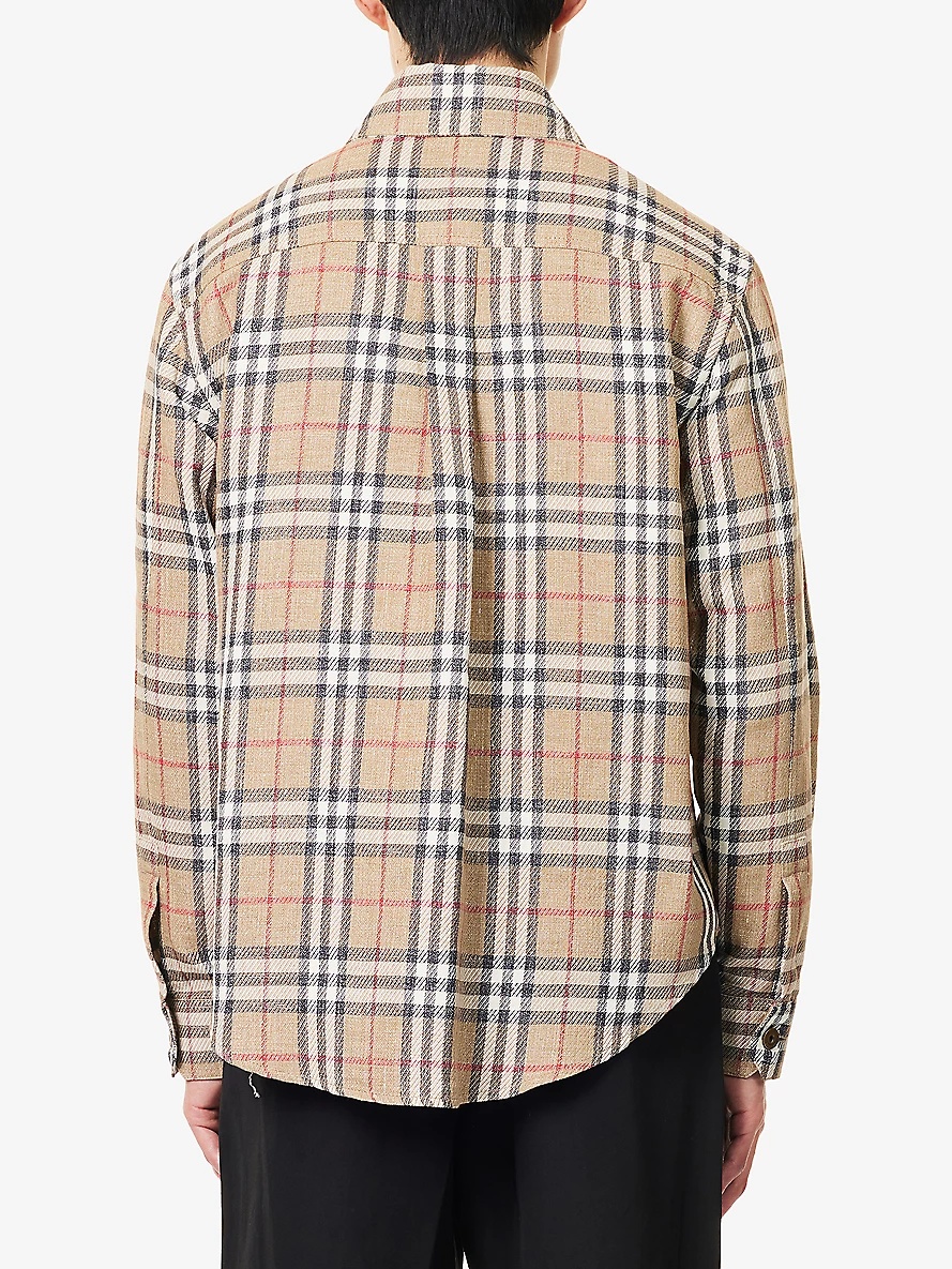 Check-Print Curved Hem Cotton and Linen Shirt - 4