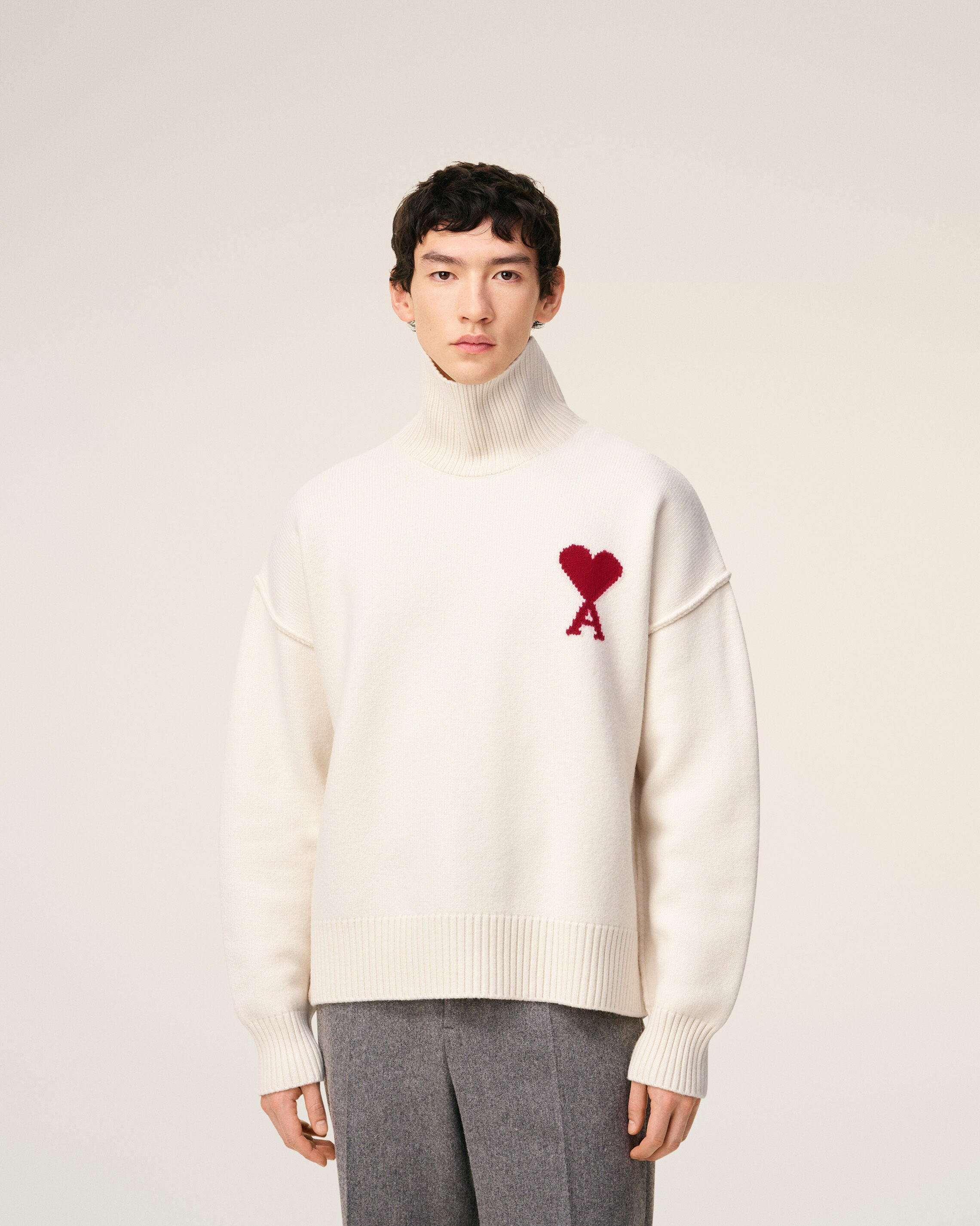 WHITE WOOL AMI DE COEUR FUNNEL NECK SWEATER - 3