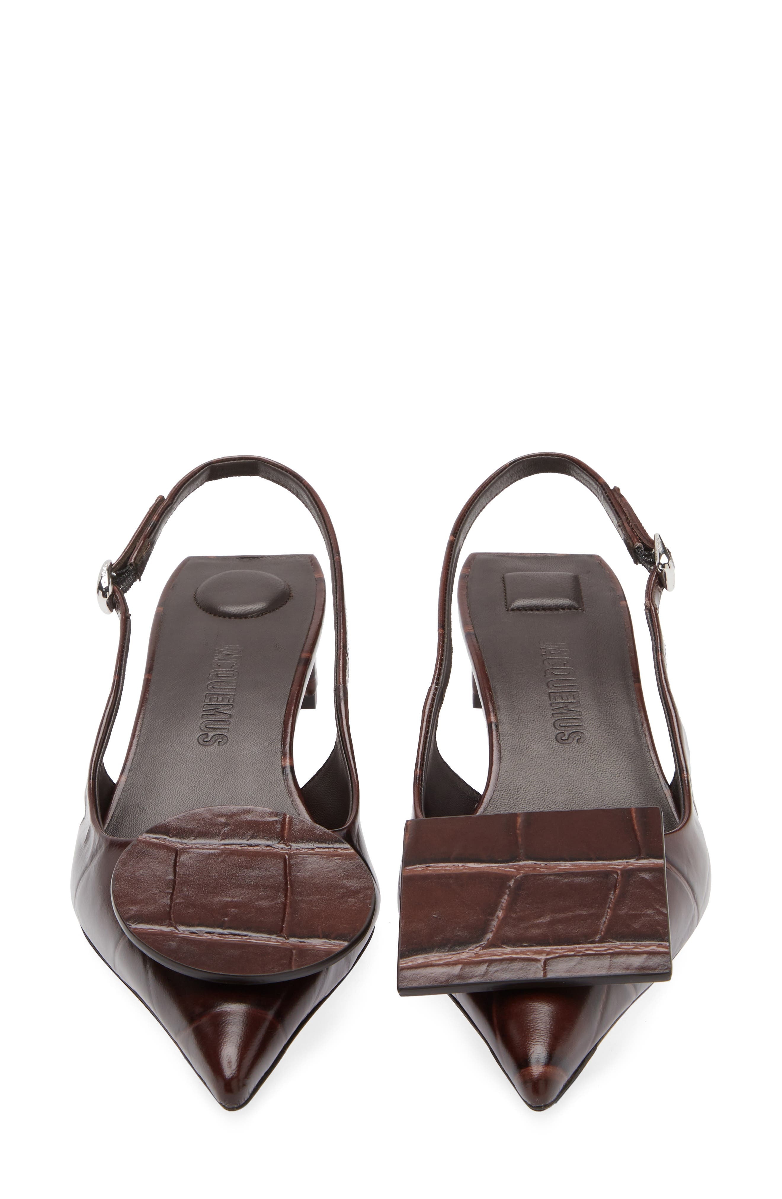 Jacquemus Les Duelo Mismatched Croc Embossed Kitten Heel Slingback Pump (Women) in Midnight Brown at - 4