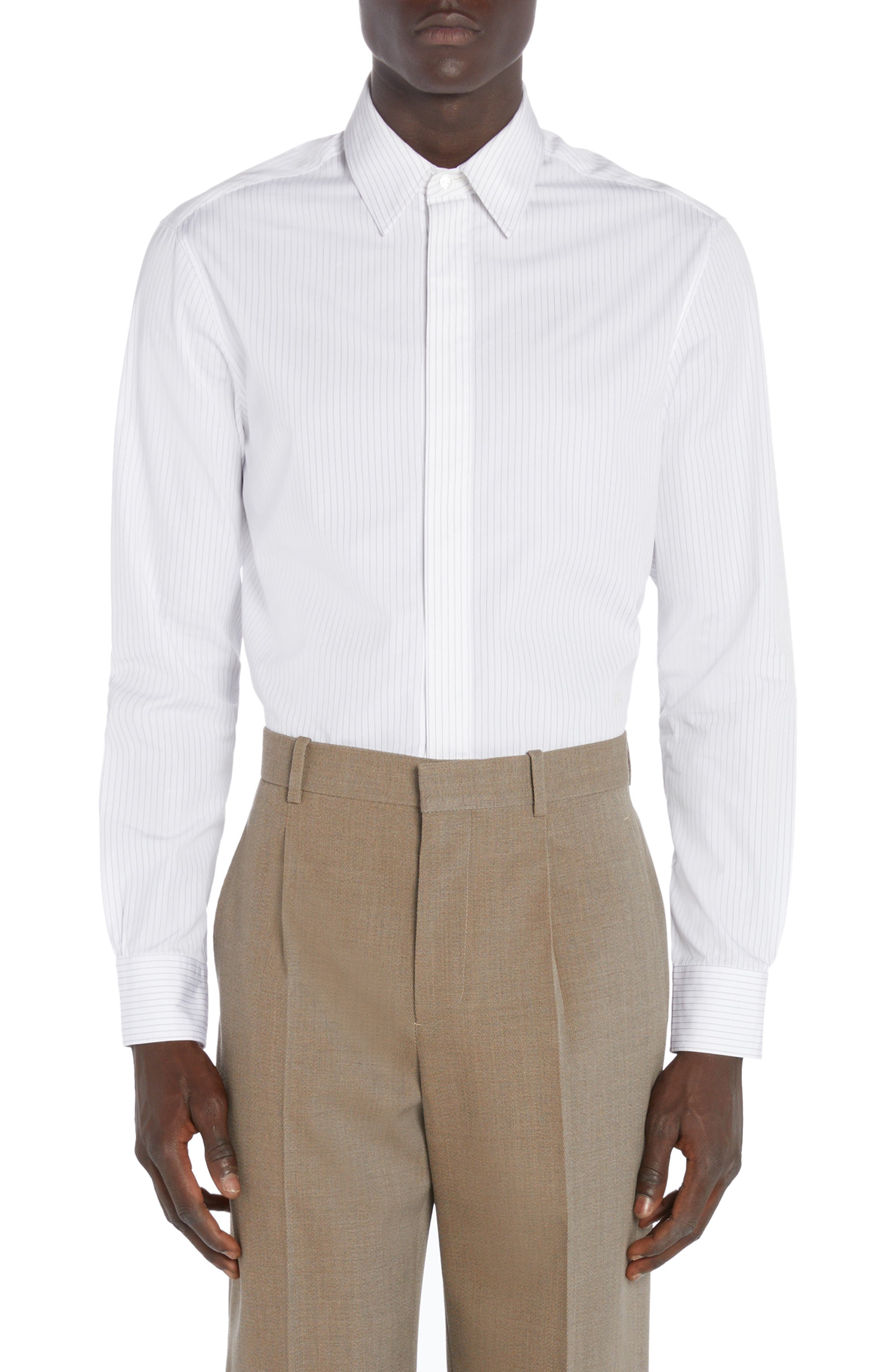 Bottega Veneta Narrow Pinstripe Button-Up Oxford Shirt in White/Grey at Nordstrom - 1