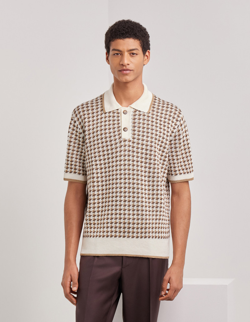 BEIGE SHORT-SLEEVED LINEN AND SILK JACQUARD POLO SHIRT WITH HOUNDSTOOTH PATTERN 3