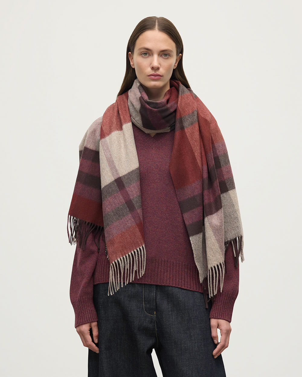 Modern Check Purple Cashmere Stole - 2