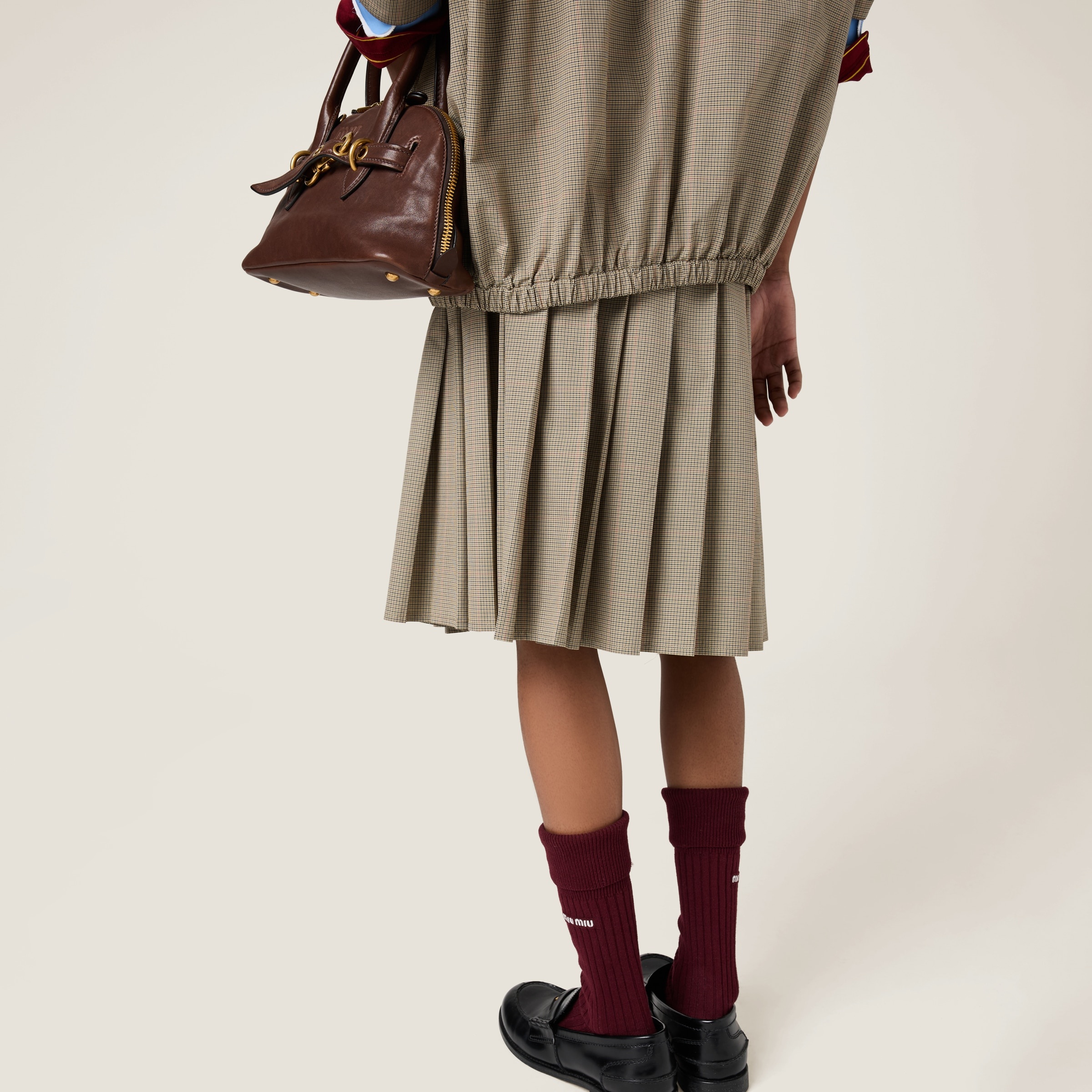 Pleated checked technical fabric midi-skirt - 3