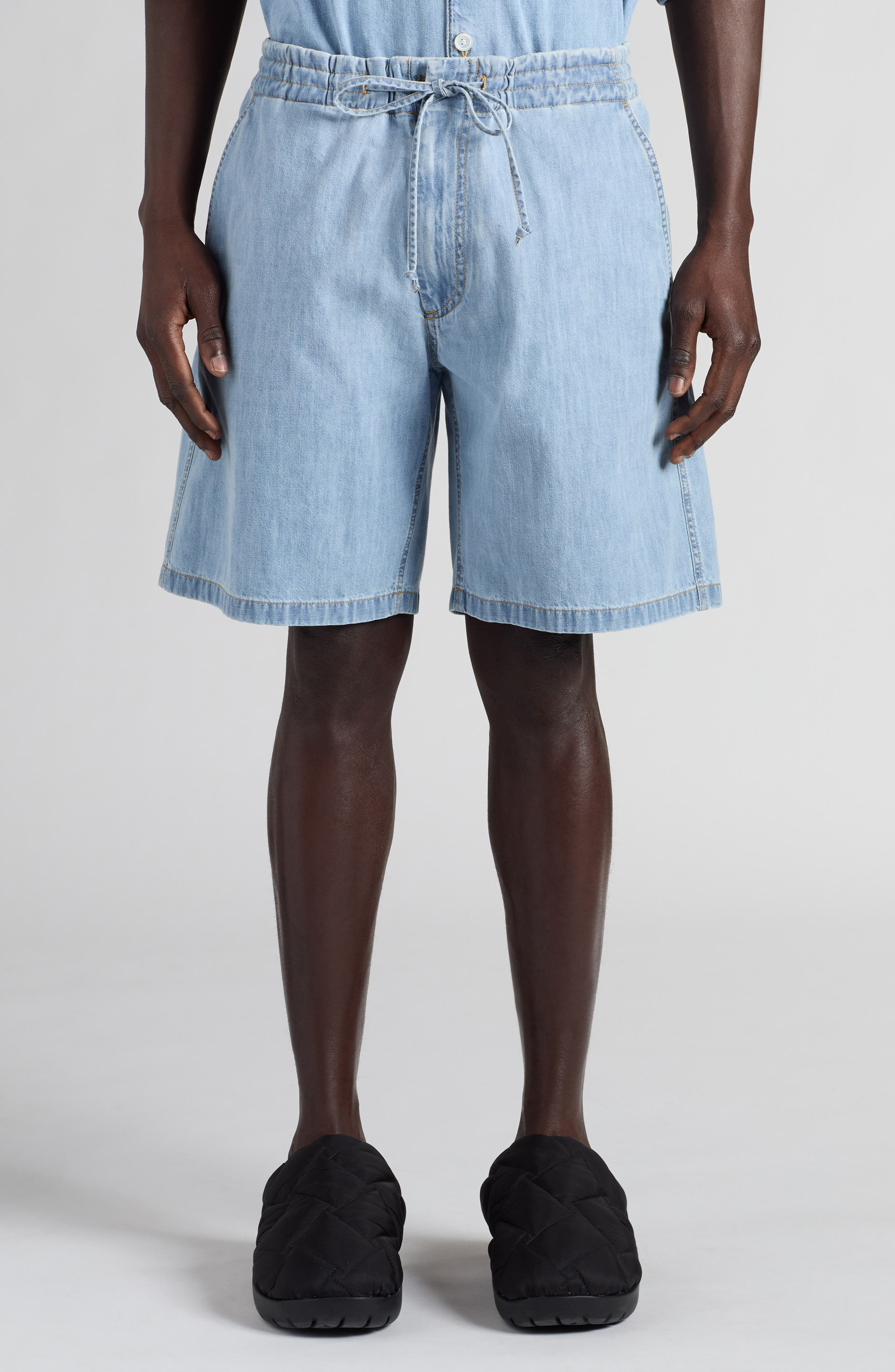 Bleached Denim Drawstring Waist Shorts - 1