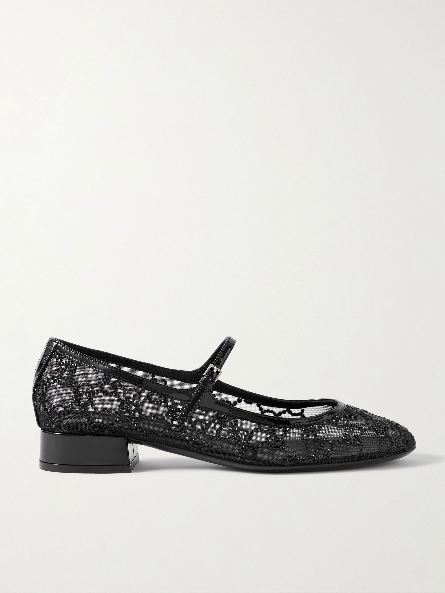 Charline patent leather-trimmed crystal-embellished mesh Mary Jane pumps Black - 1