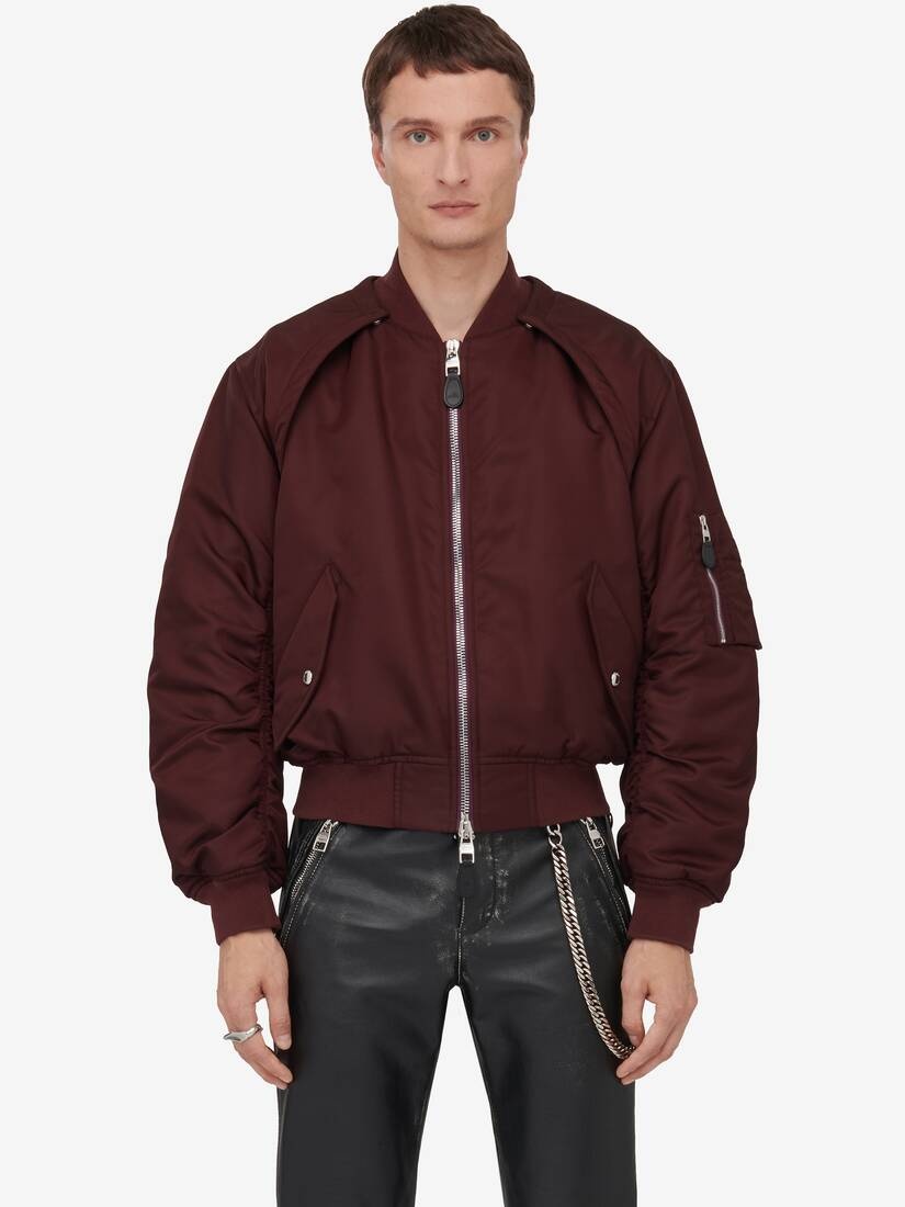 Men's Detachable Sleeve Bomber Jacket in Bordeaux - 5